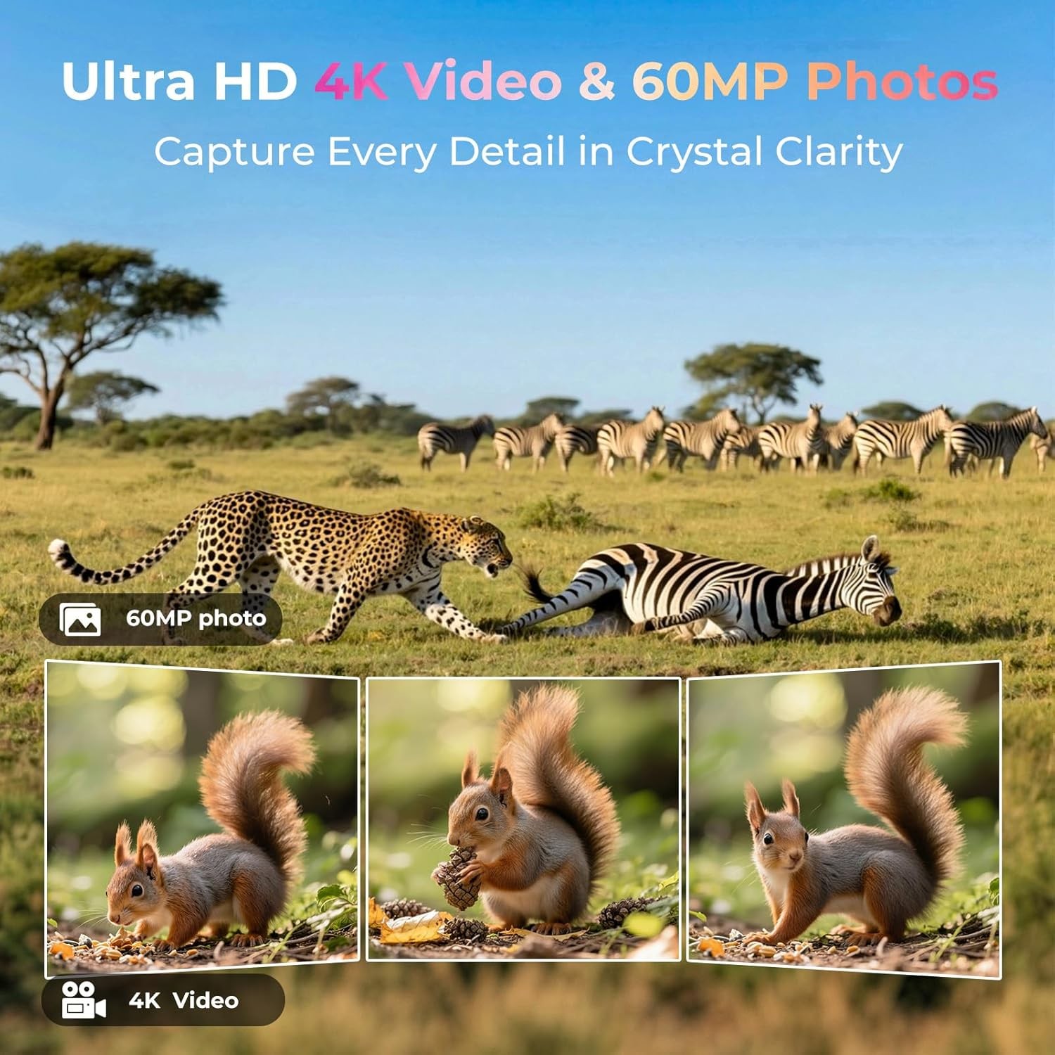 60MP Solar Trail Camera 4K Scouting Wildlife Hunting Game Cam Starlight Vision