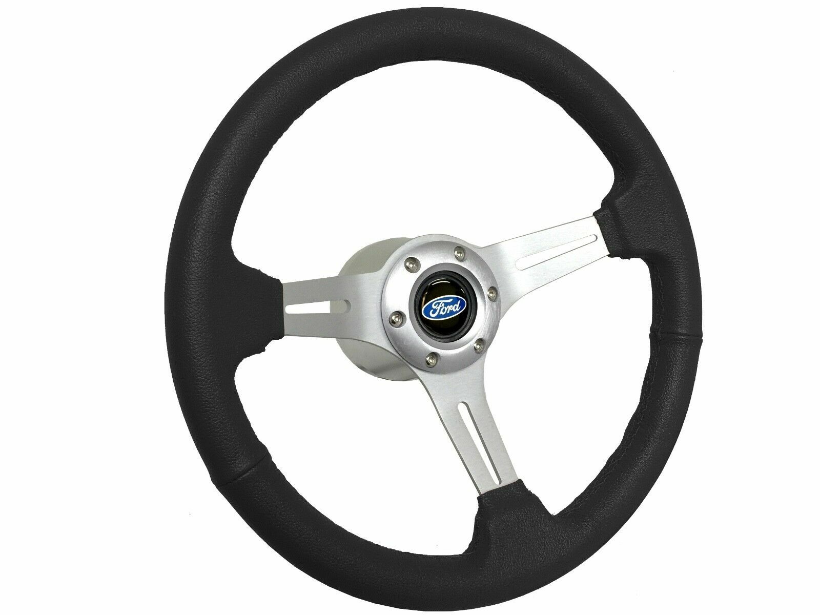 1968-91 Ford S6 Black Leather Steering Wheel Brushed Kit, Blue Oval Emblem