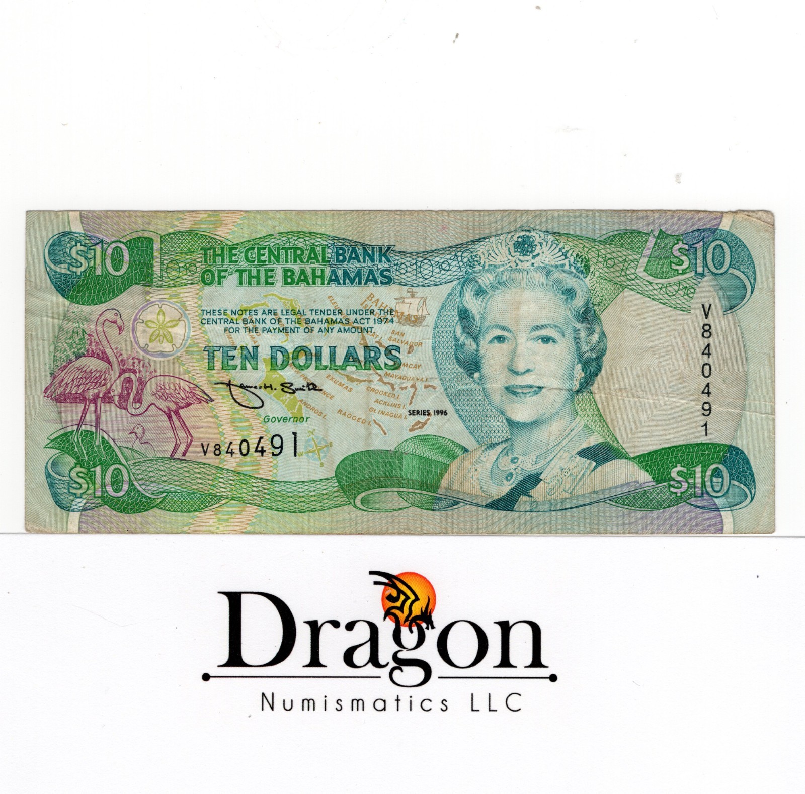 Bahamas 10 DOLLARS 1996 Queen Bahamian SHIP FLAMINGO LIGHTHOUSE Rare CIRCULATED