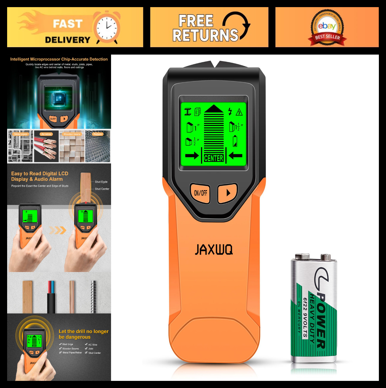 5-in-1 Stud Finder Wall Scanner - Smart Chip, HD LCD Display, Detects Wood, Meta