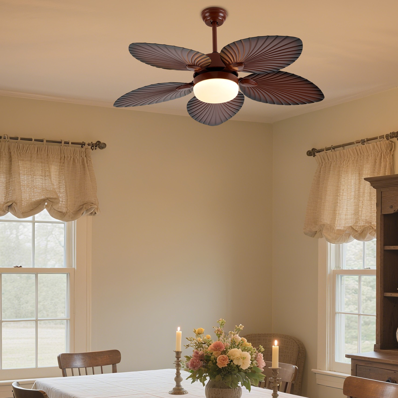 52" Tropical Ceiling Fan Light Retractable 5 Palm Leaf Blades w/ Remote Control