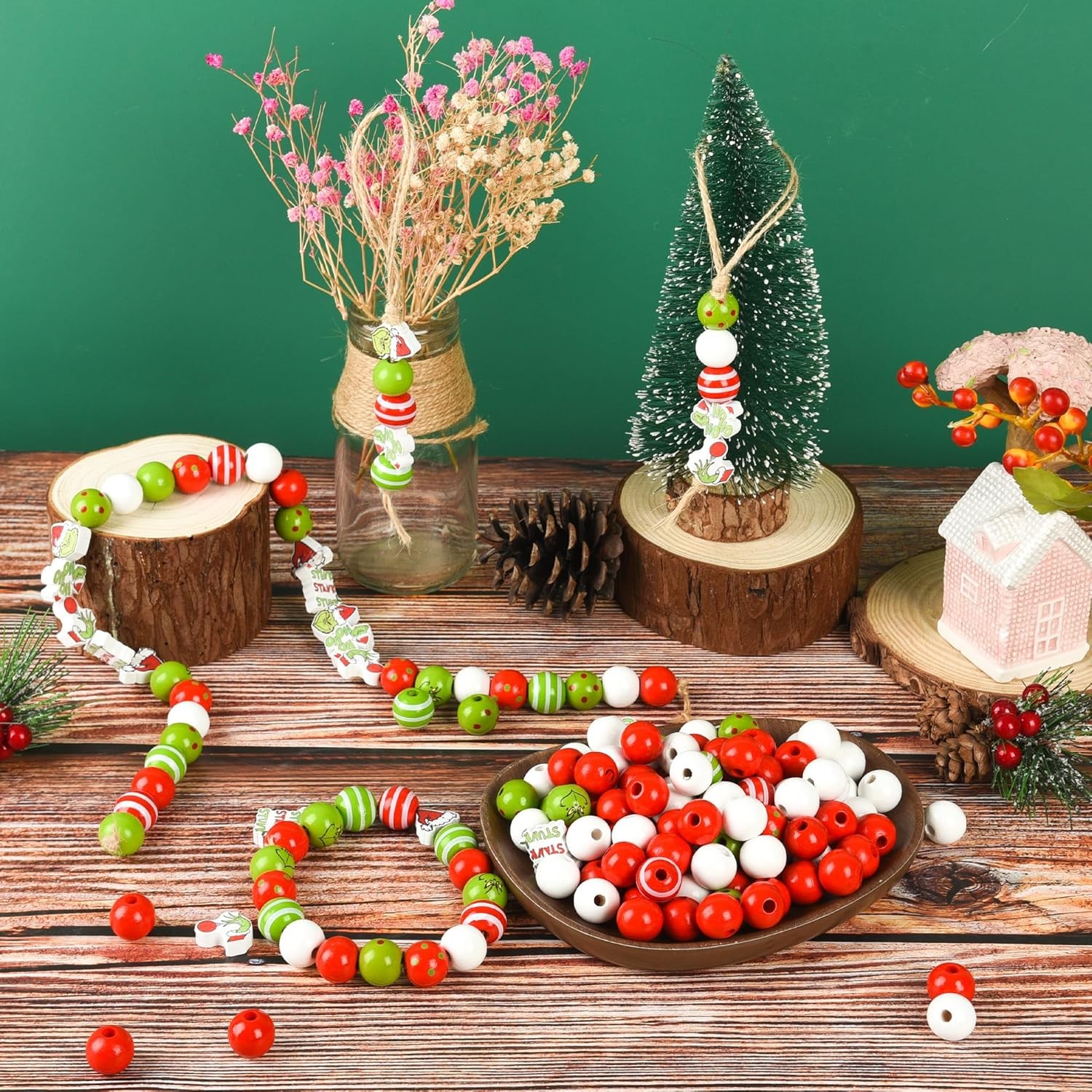 Wooden Christmas Beads - 240 Decorative Red Green Round Craft Beads