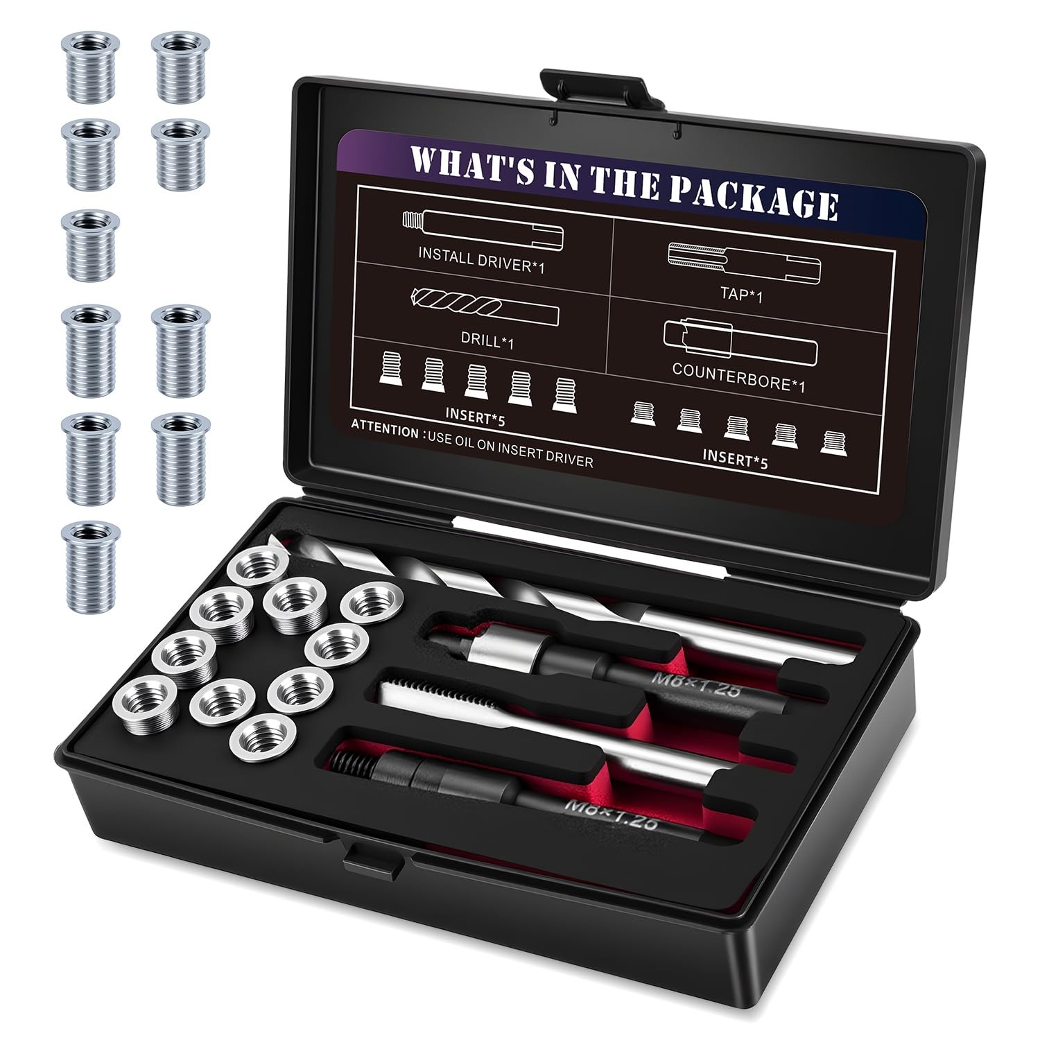 M8x1.25 Thread Repair Kit 10pcs with HSS Drill Tap  Driver