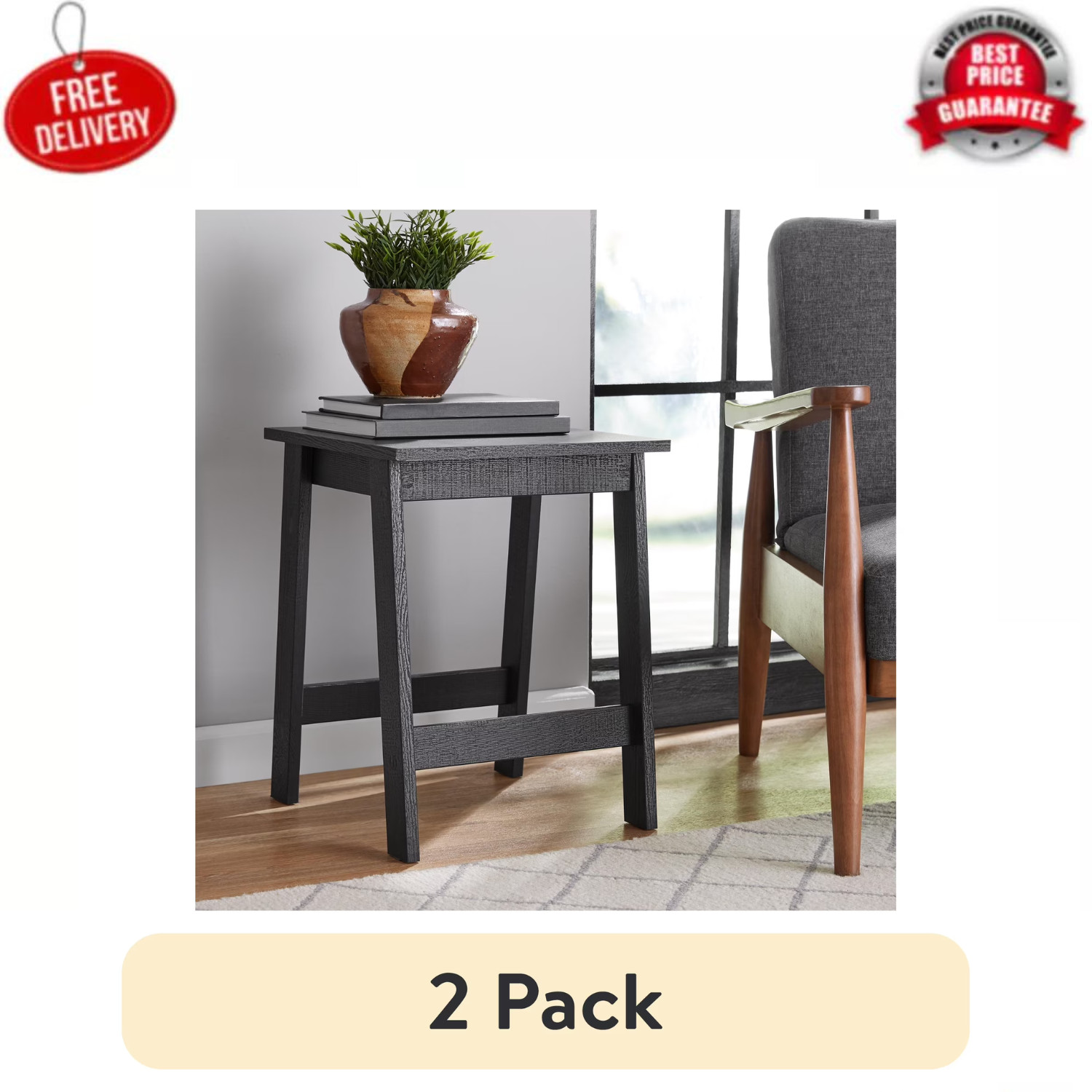 (2 pack) Mainstays Small Square Wood Side Table, Black Finish