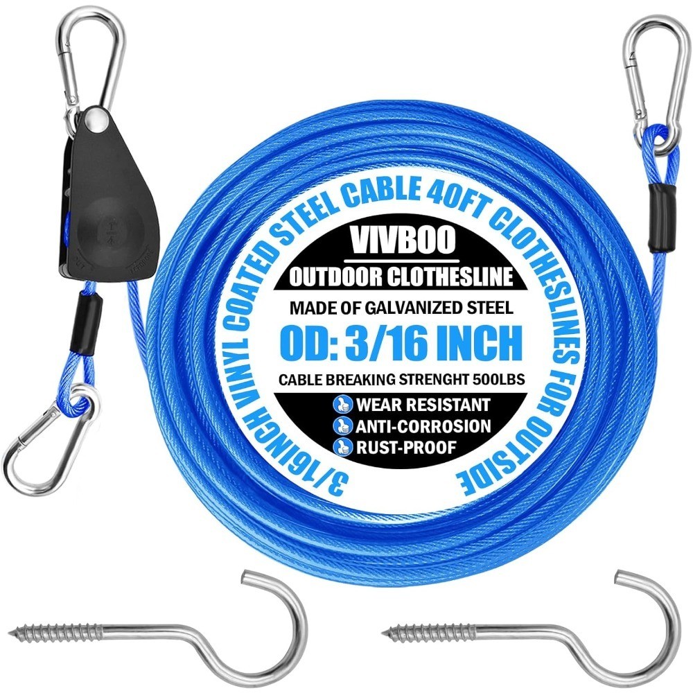 40ft Heavy Duty Retractable Clothesline with Blue PVC Coating, 3/16 Inch Wire