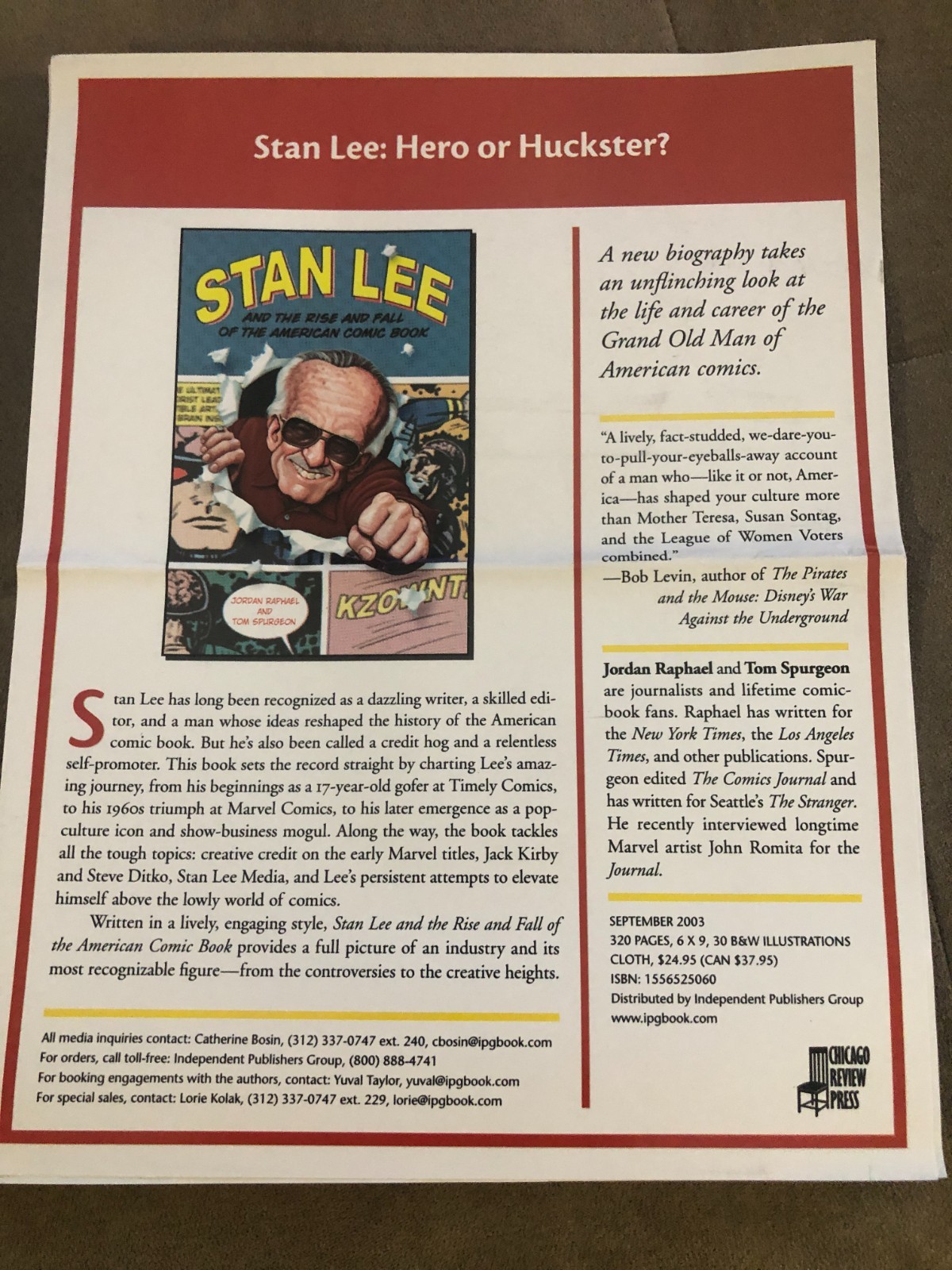 Promo Flyer STAN LEE: HERO OR HUCKSTER Chicago Review Press 2003