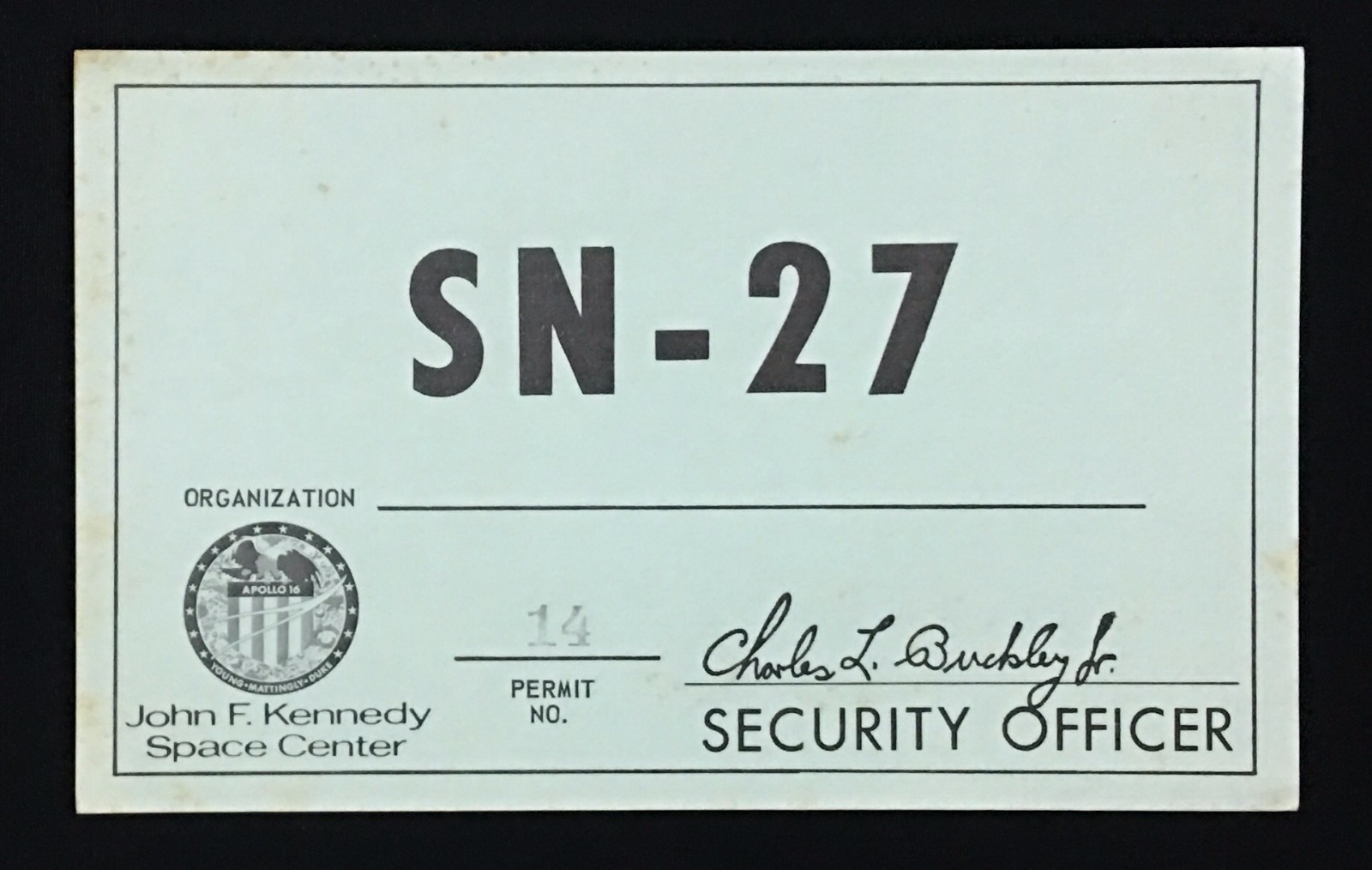 APOLLO 16 SN-27 ORIGINAL NASA VEHICLE PASS PERMIT LOW SERIAL NUMBER 14