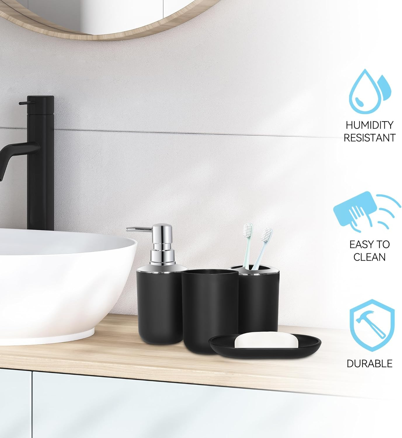 Black Bathroom Accessories Set 4 PCS, Black Bathroom Accessories, Plastic Soap D