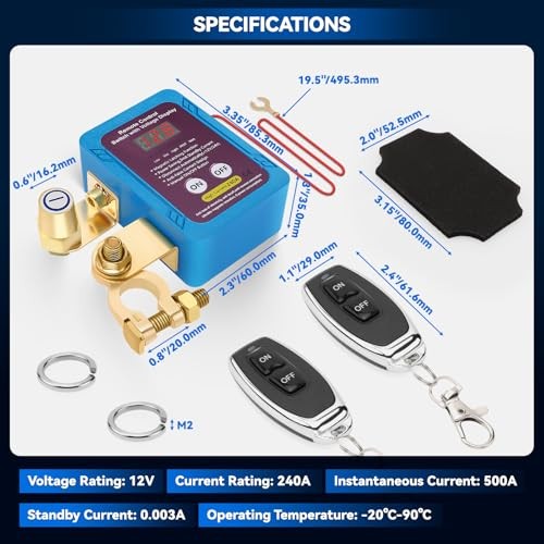 Remote Battery Disconnect Switch 240A 12V Kill Switch for car with LED Blue