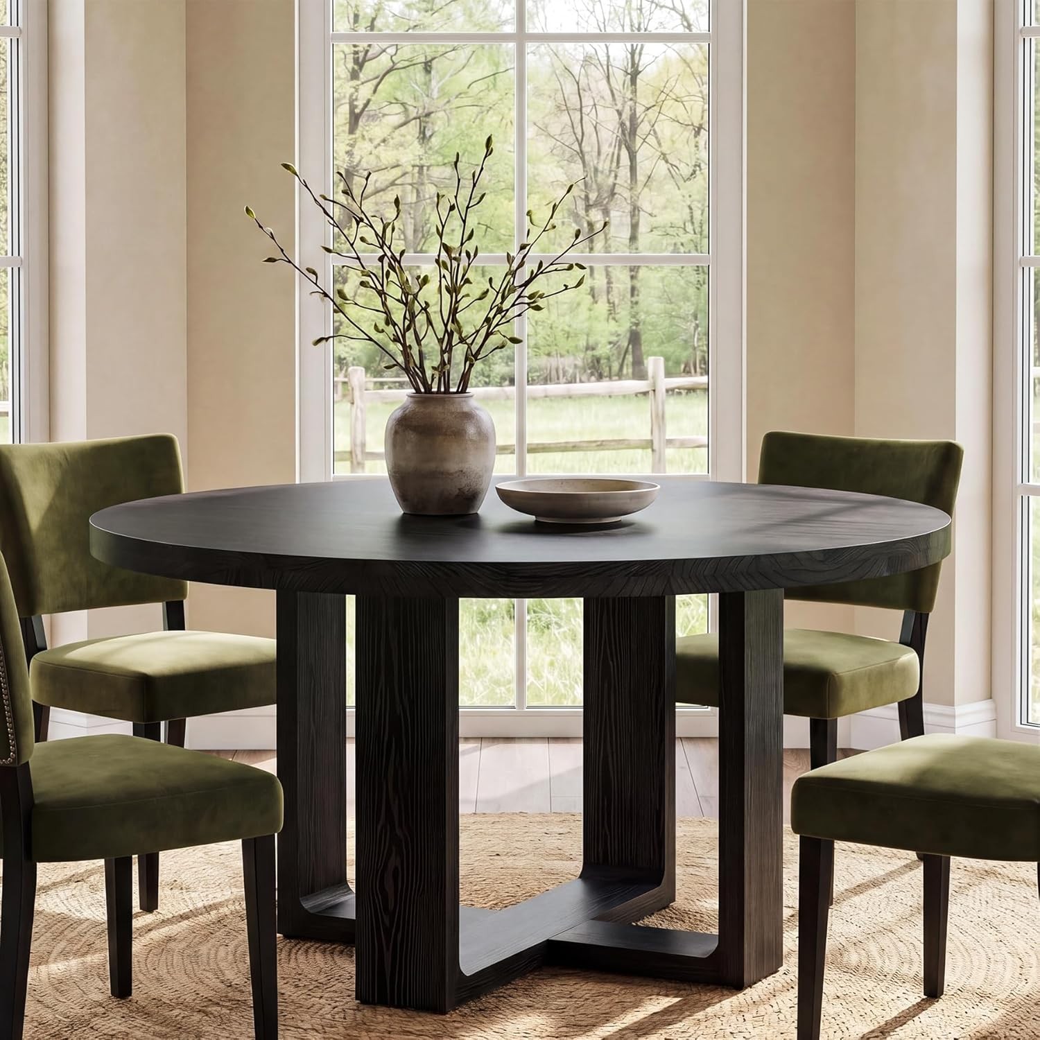 47.24" Black Round Dining Table Modern Solid Wood Kitchen Table for 4–6 People
