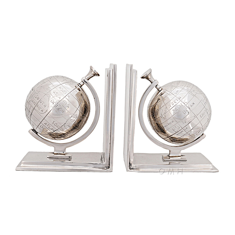 Chrome World Globe Bookend Cast Aluminum 7.75" Nautical Desk Top Bookcase Decor