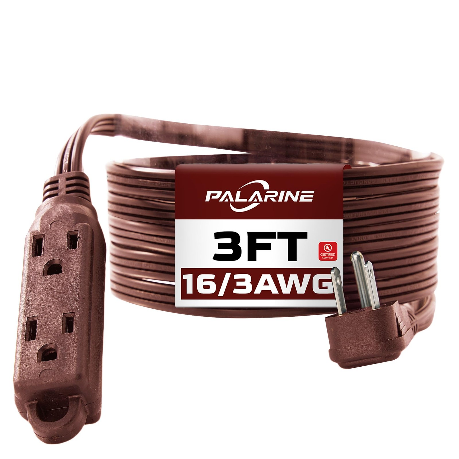 PALARINE Flat Plug Extension Cord with 3 Outlets Extender, Indoor 3 FT, Brown