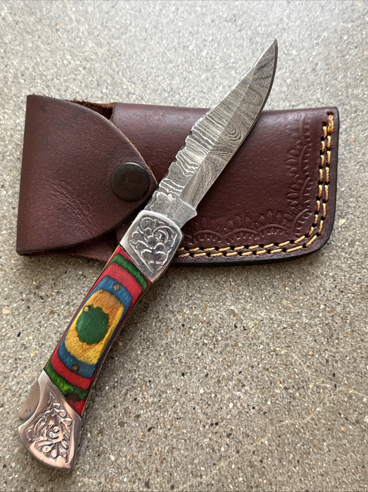 Damascus Folding Pocket Knife - 3 Inch Blade with Sheath