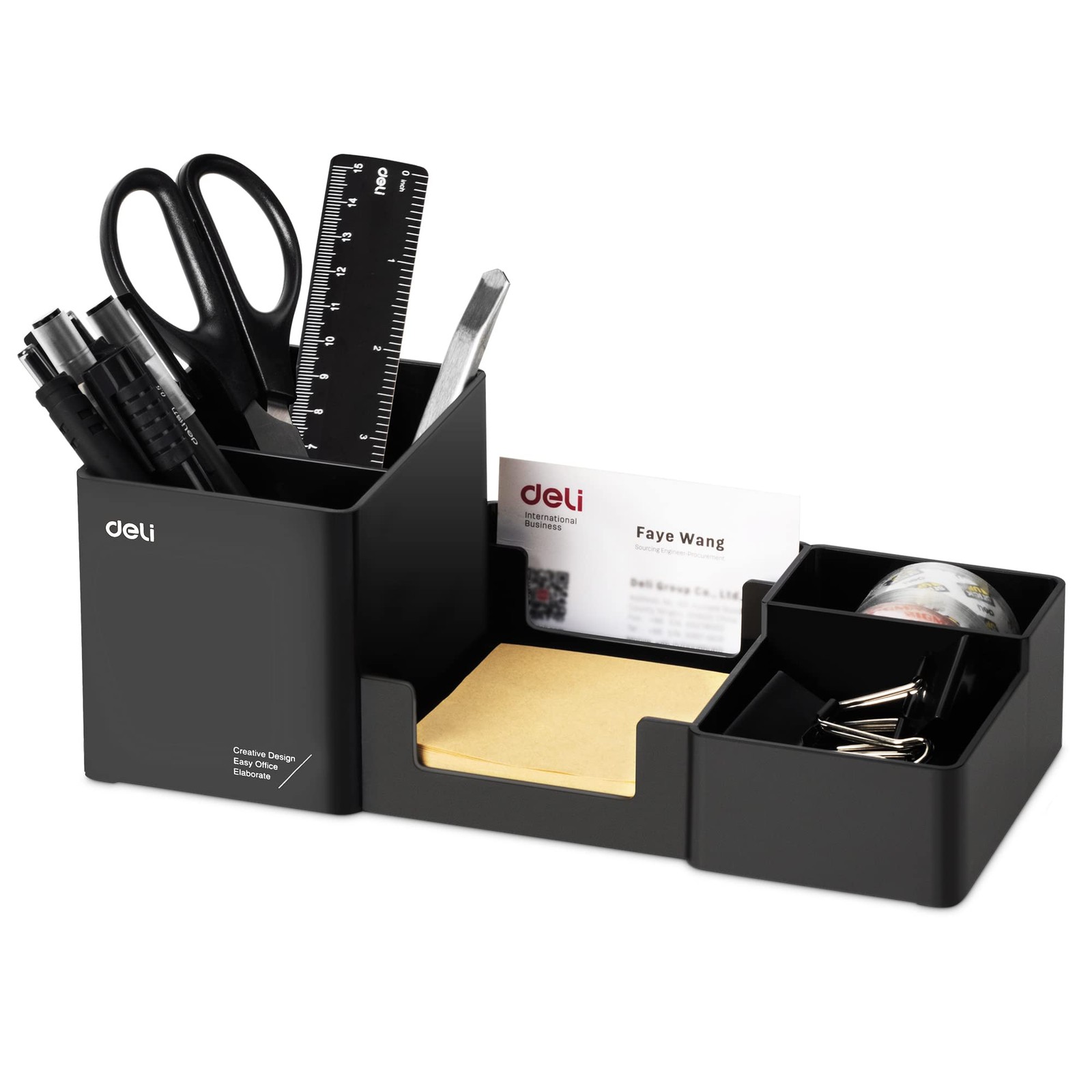 Desktop Organizer with Pencil Holder Sticky Note Tray 6 Compartments Black