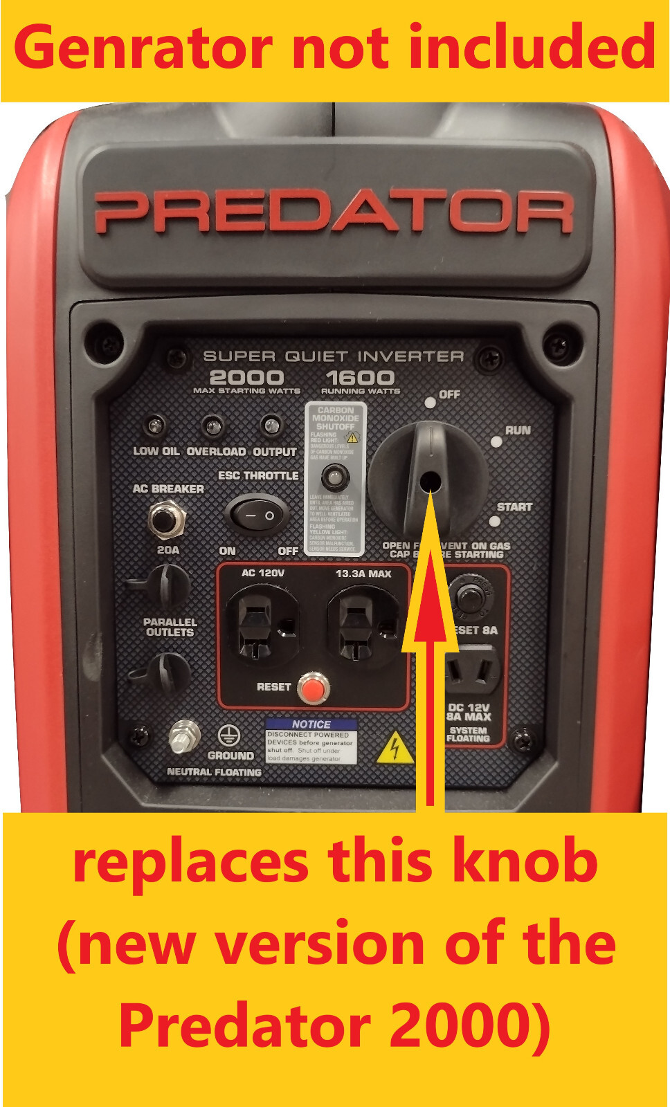 Predator Generator Inverter 2000 Knob Switch Run Choke + screw - 3D printed part