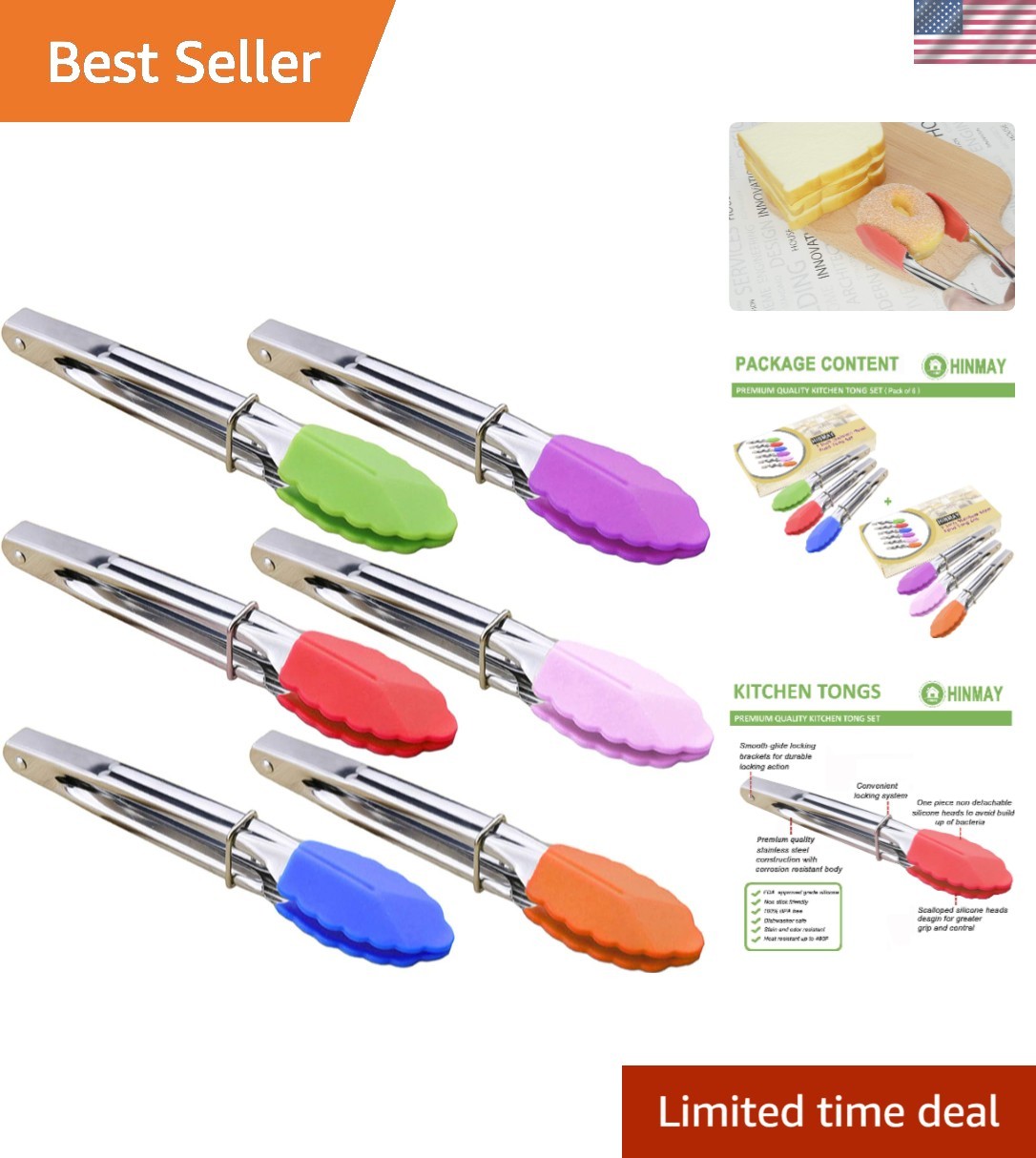 Small Tongs with Silicone Tips 7-Inch Mini Serving Tongs, Set of 6 Green Red ...