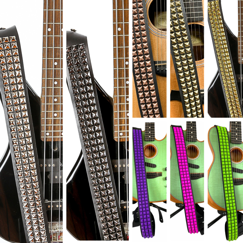 Studded Punk Guitar Strap Steel Pyramid Punk Rock Metal Bass Genuine Leather USA