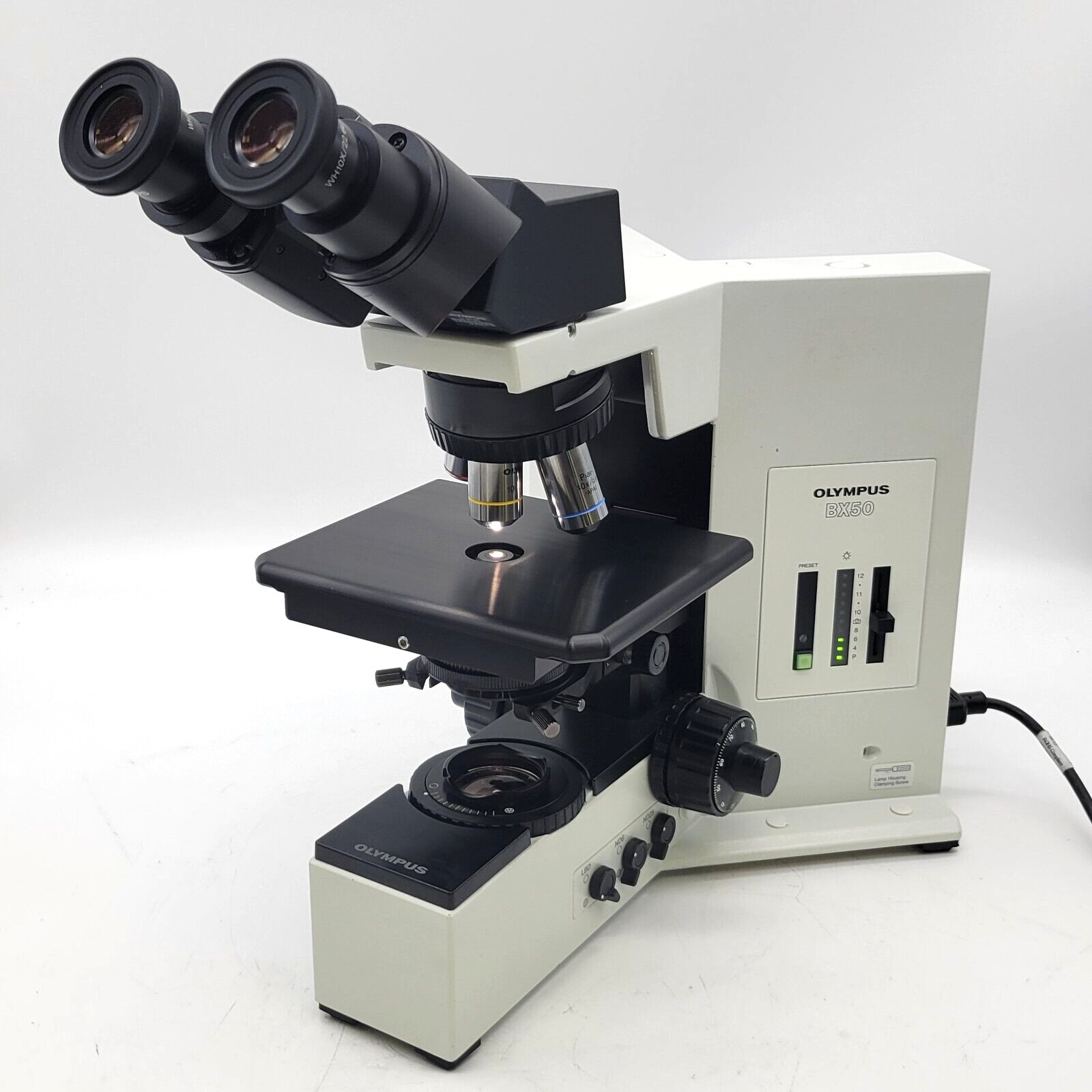 Olympus Microscope BX50 w. Binocular Head, Fixed Stage & 4x, 10x, 40x Objectives