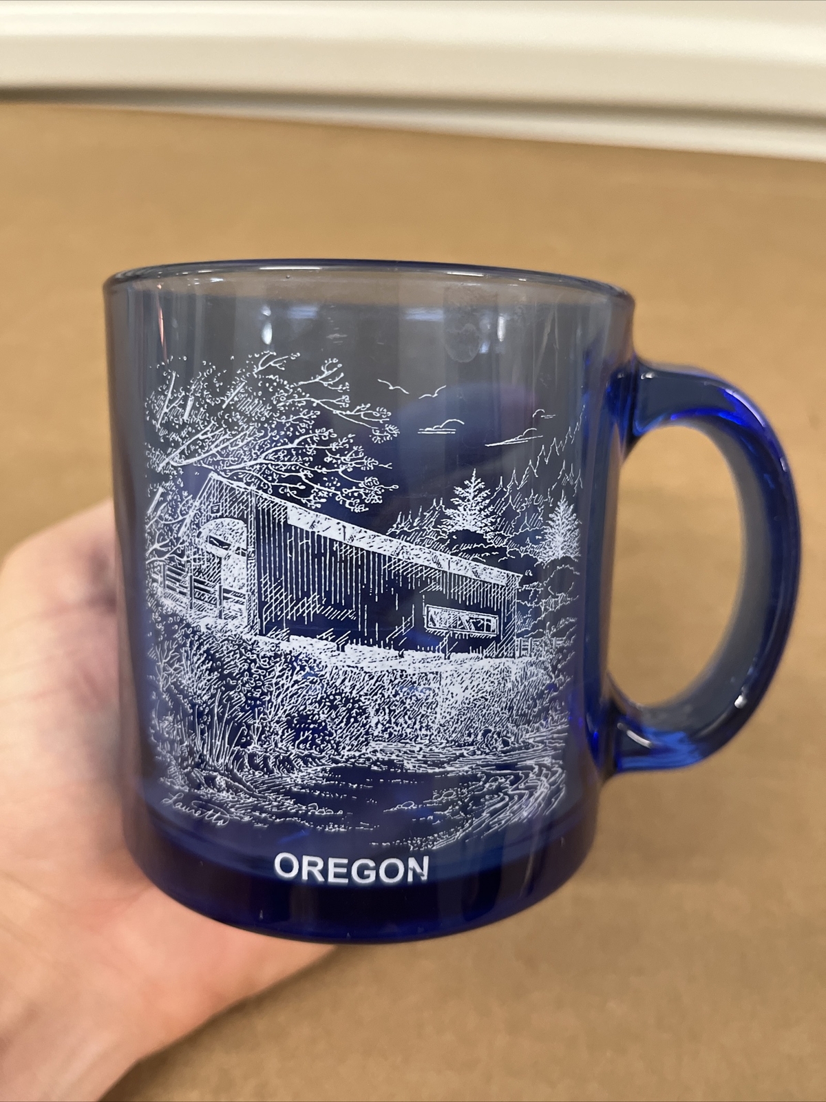 Oregon Cocered Bridge Blue Glass Coffee Mug