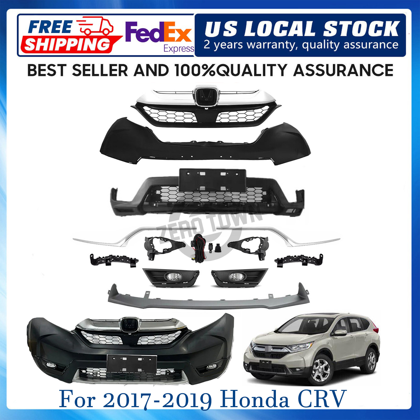 For 17-19 Honda CRV Front Bumper Grille Fog Light W/Bumper Molding Complete kits