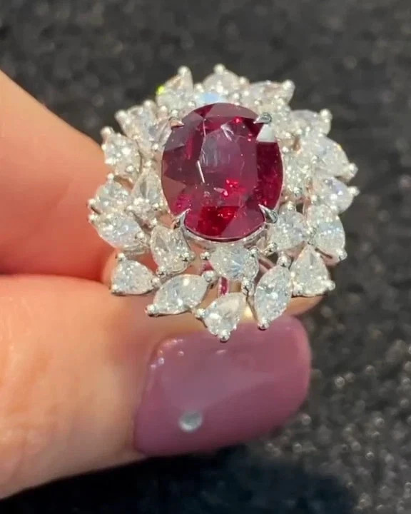 7.32 Ct Oval Cut Certified Natural Ruby & Diamond Engagement Ring 14K White Gold