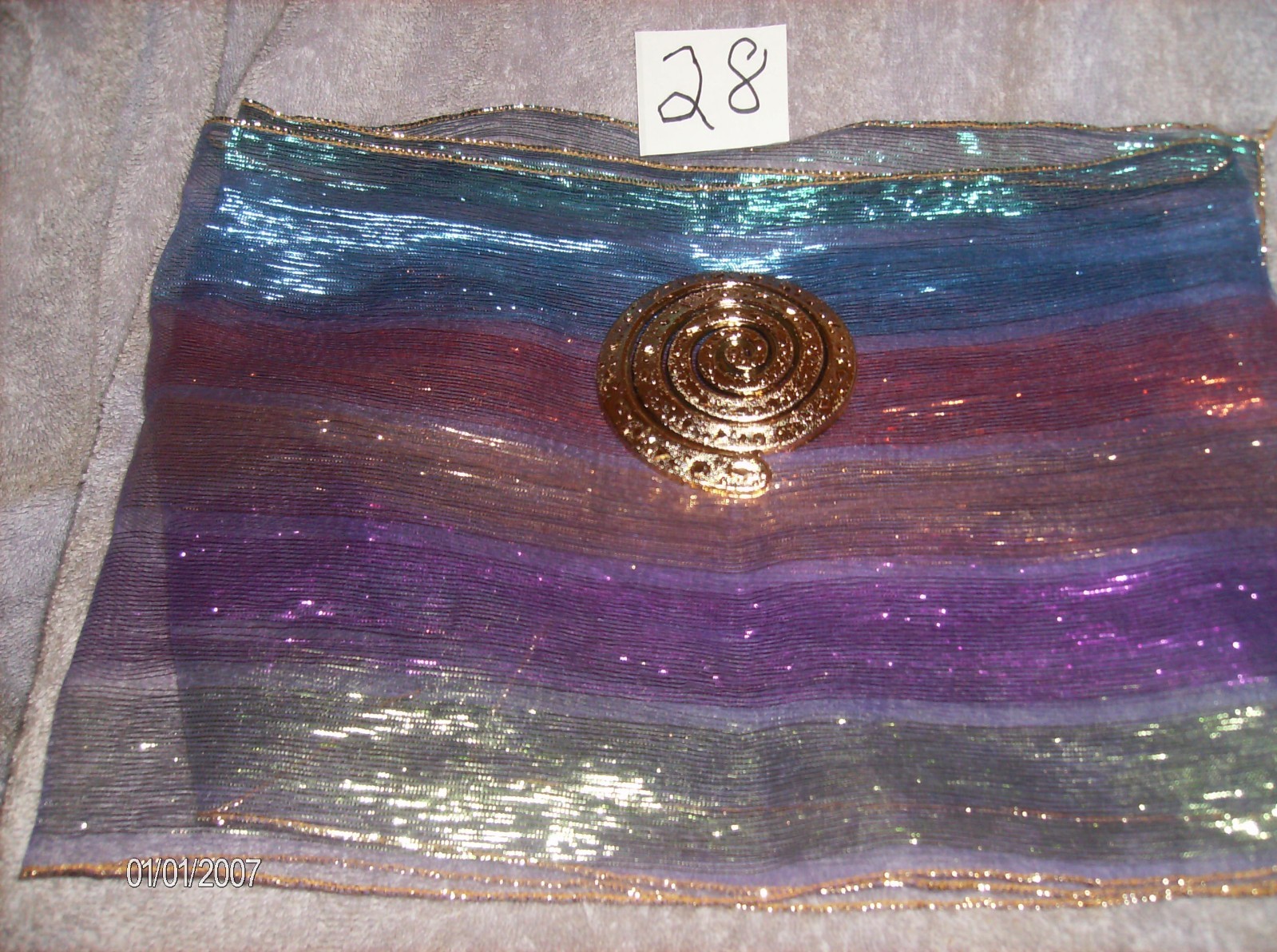 GOLD METALLIC MULTIVOLOR SCARF 54" x 9" & GOLD SCARF RING EASY WASH NYLON #BE 28