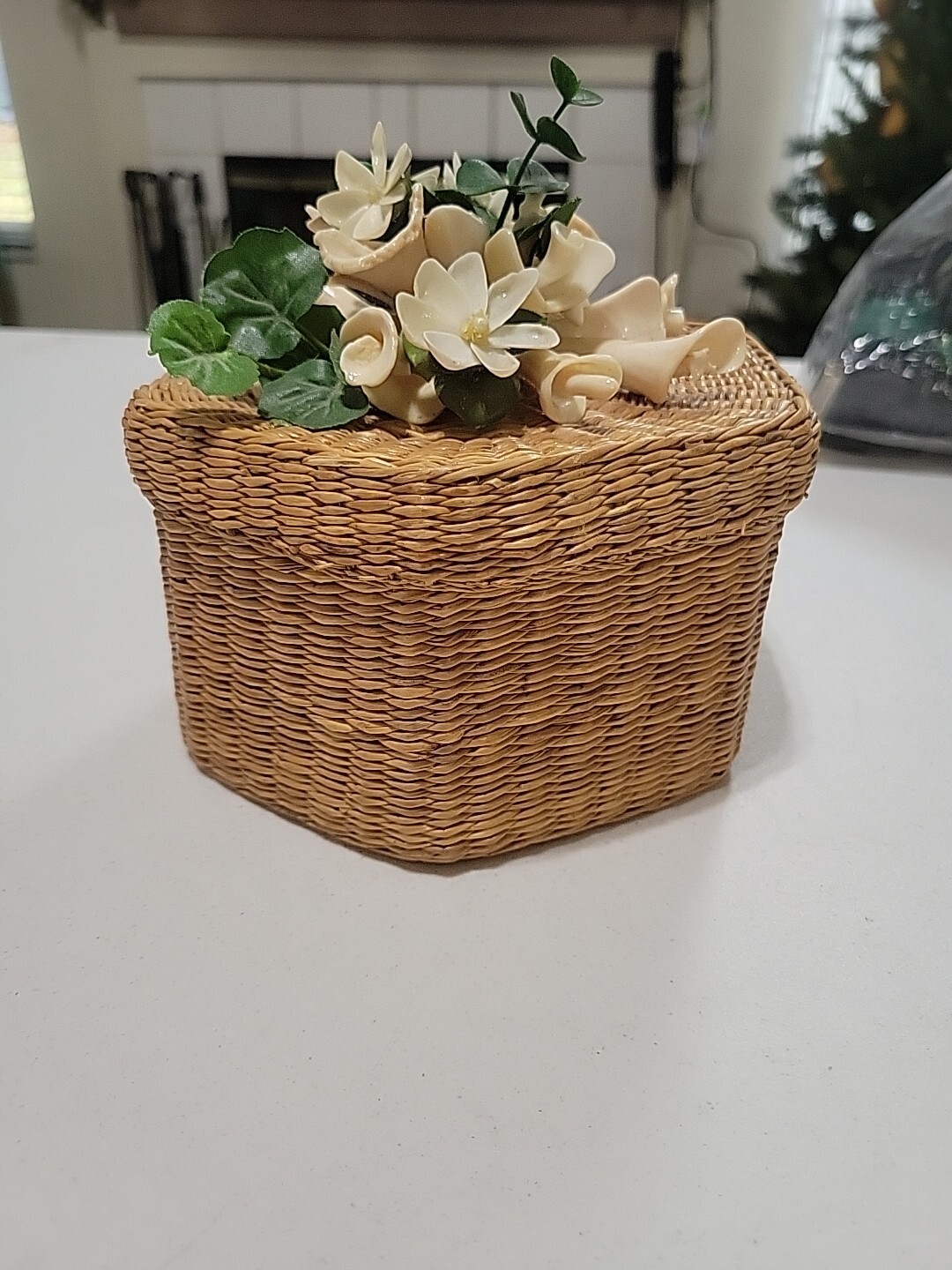 Vintage Tight Handwoven Basket with Lid, Shell Flowers on Lid, Beautifully...