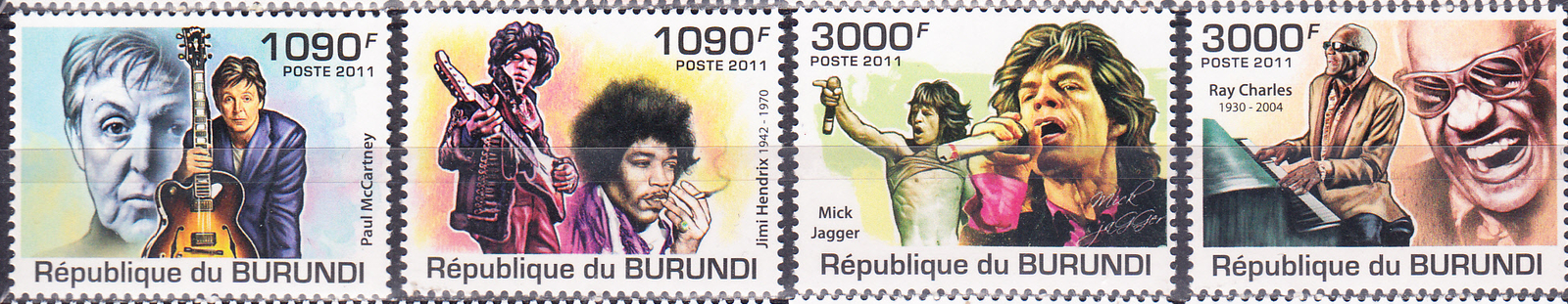 W BURUNDI 0966-969 FAMOUS SINGERS MC CARTNEY JAGGER HENDRIX CHARLES PERF SET