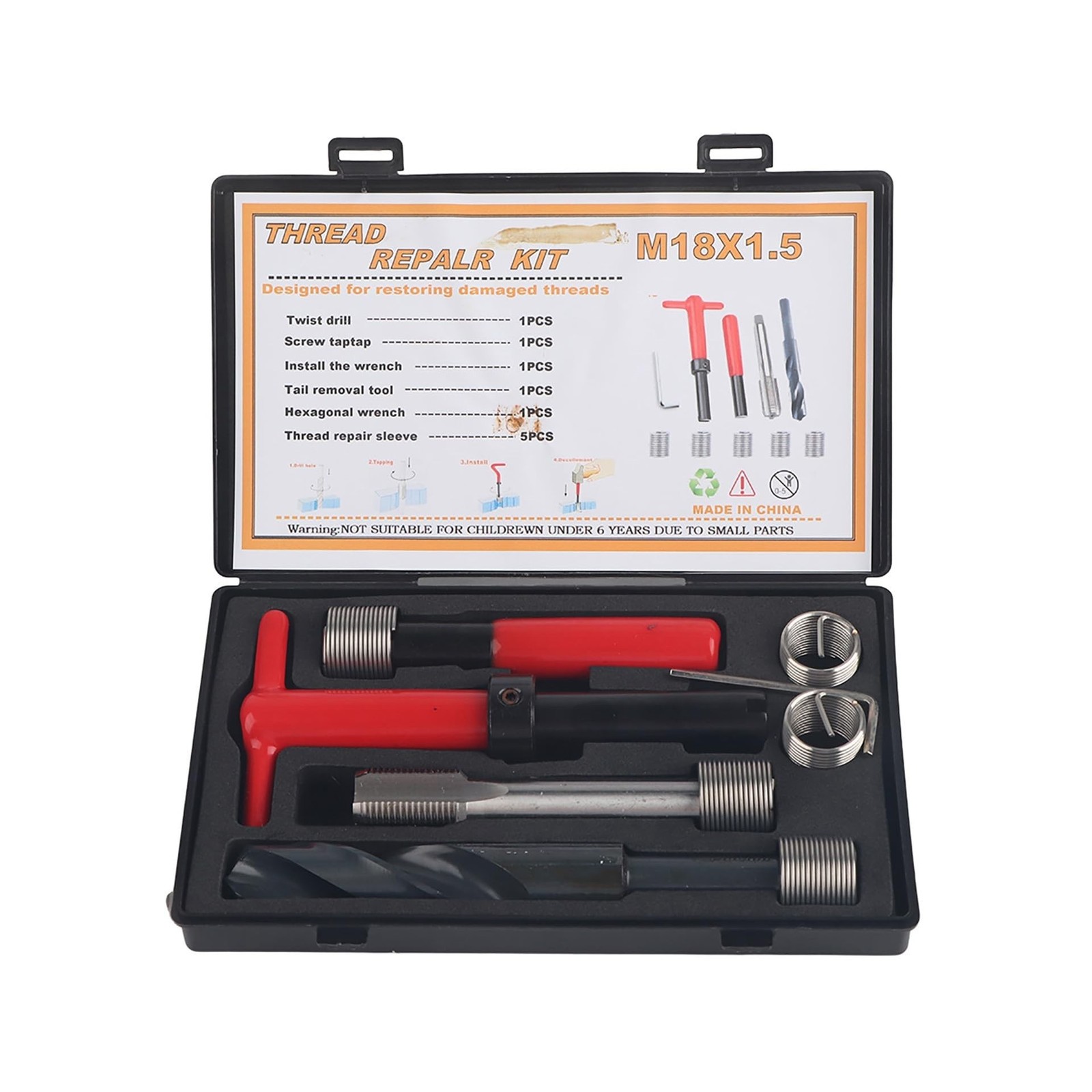 M18x1.5 Thread Repair Kit, 10 Pcs Helicoil Thread Repair Kit Thread Chaser Se...
