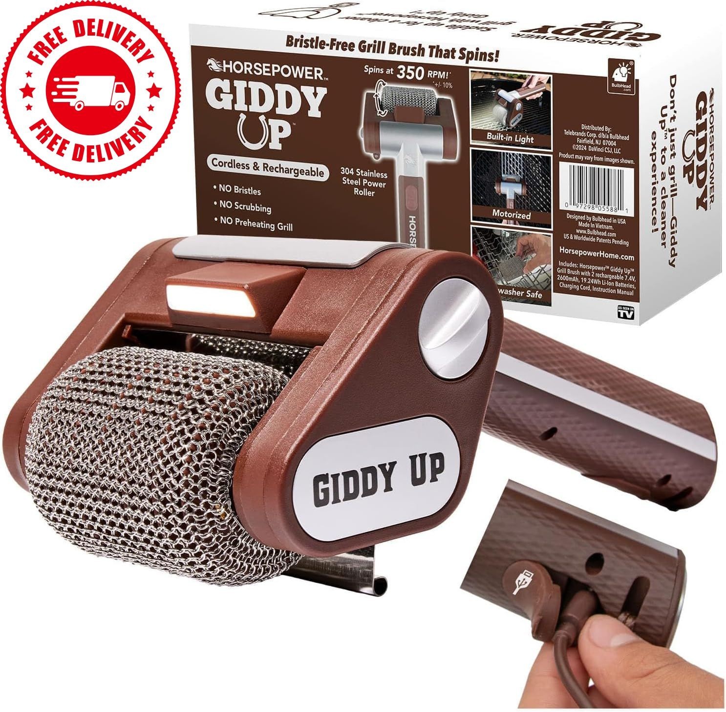 Giddy Up Grill Cleaner AS-SEEN-ON-TV, Cordless, Rechargeable BBQ Tool