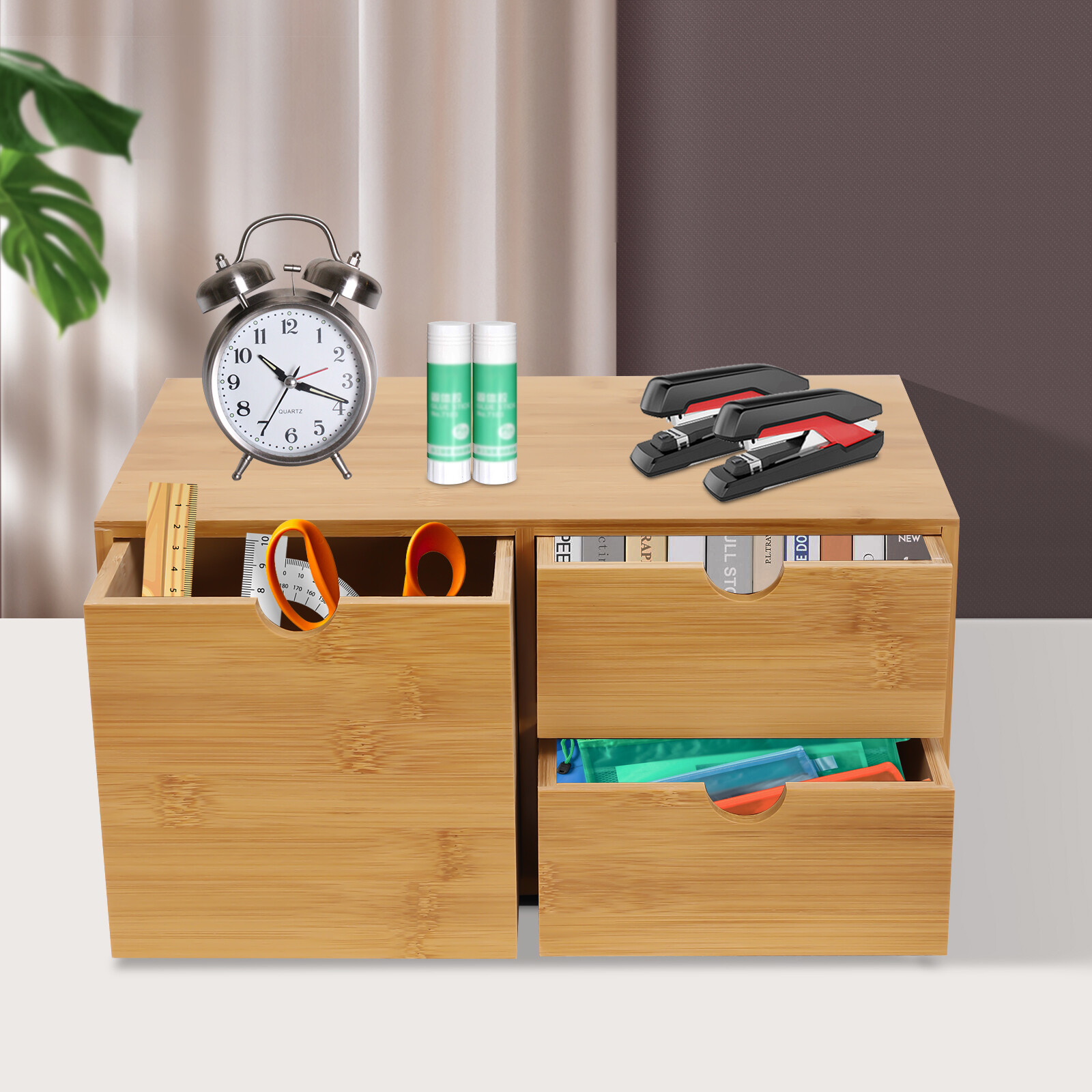 Office Desk Organizer Drawers Desktop Storage Bamboo Box Storage Recess Handle
