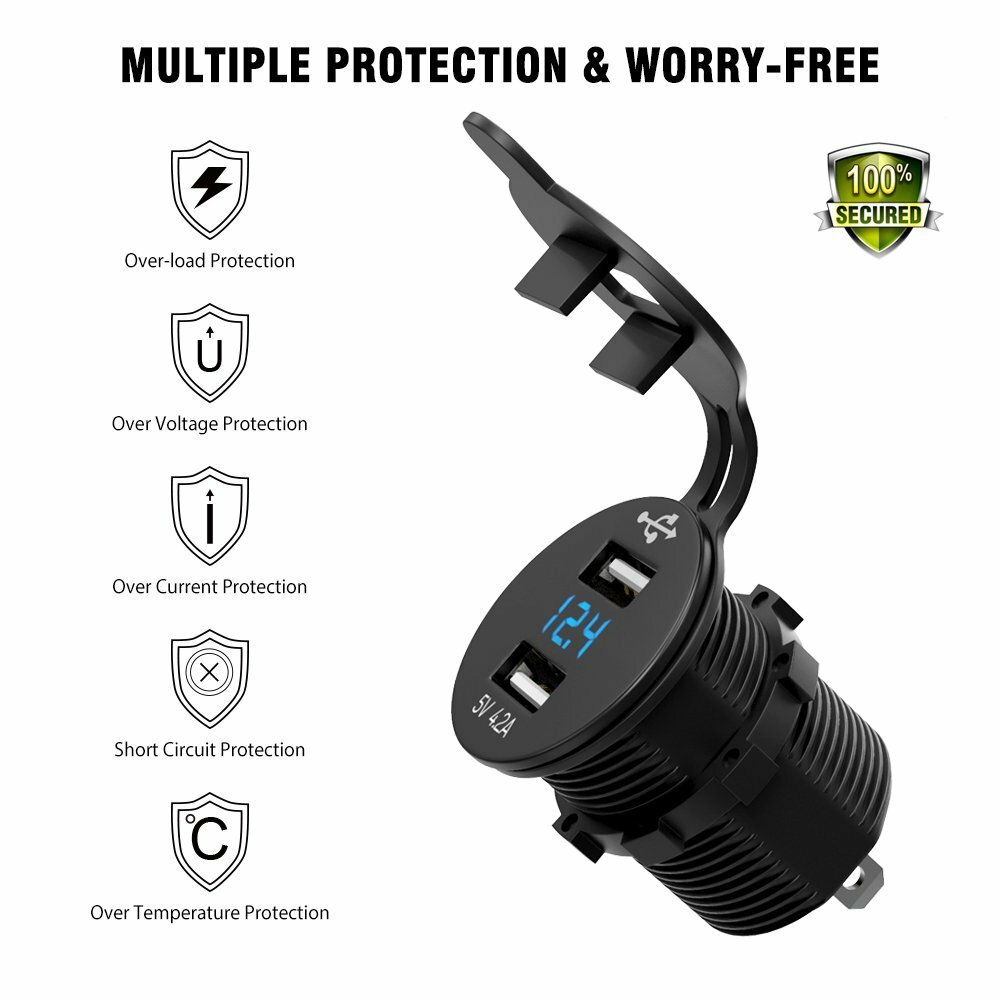 Aluminum 4.2A Dual USB Port Car Cigarette Lighter Socket Plug Blue LED Voltmeter