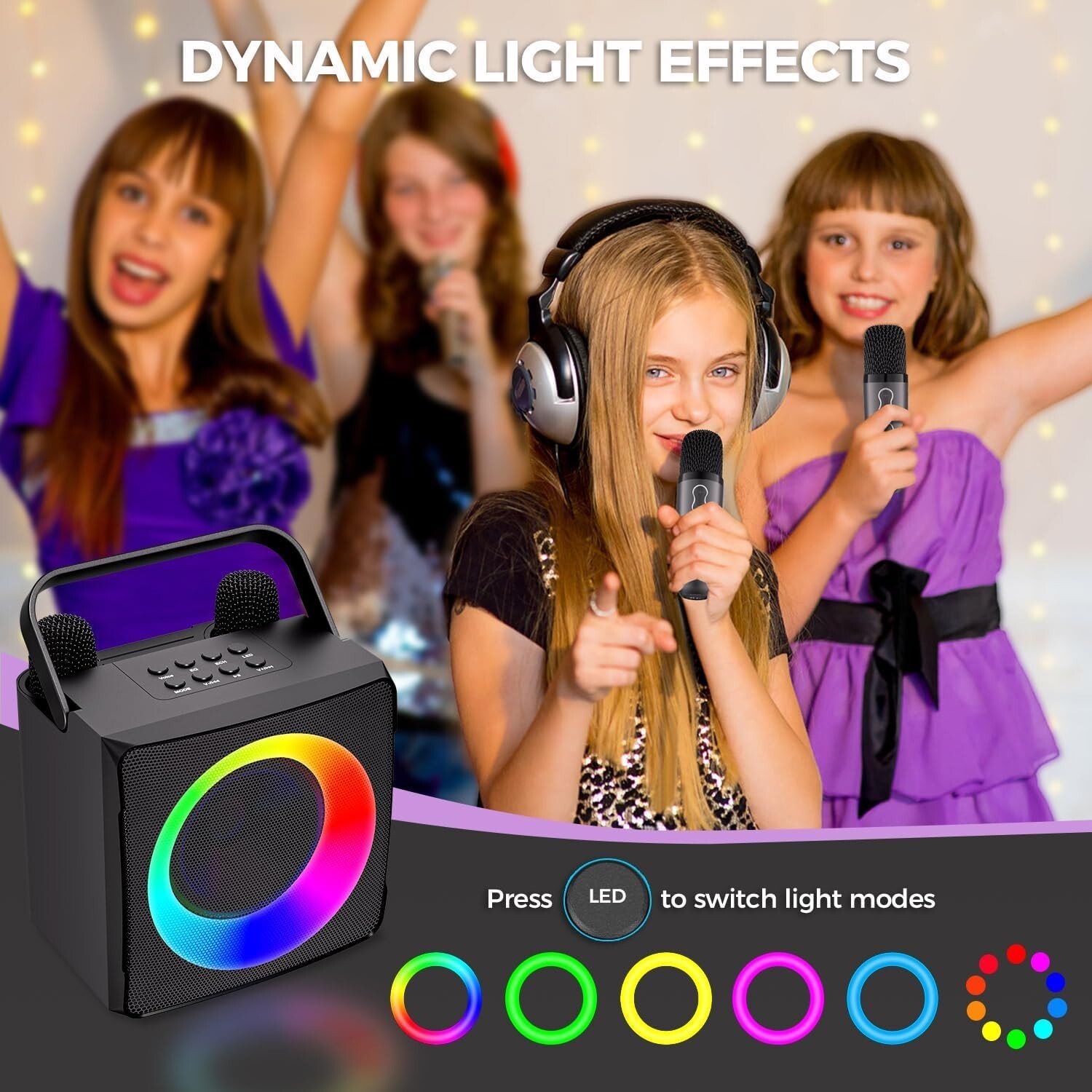 Karaoke Machine with 2 Wireless Microphones Portable Bluetooth 5.0 Speaker Light