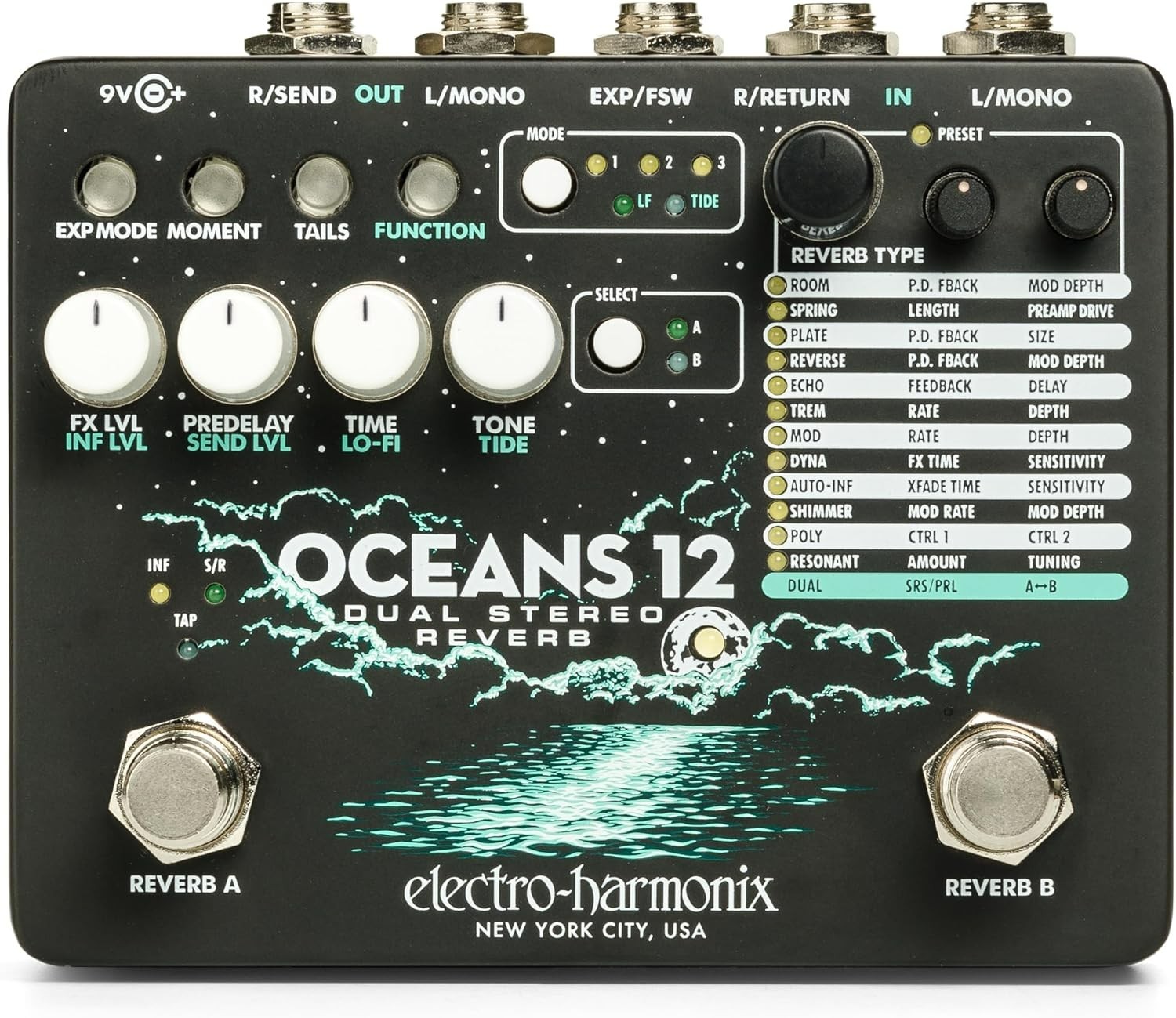 EHX Electro-Harmonix Oceans 12 Dual Stereo Reverb Effects Pedal