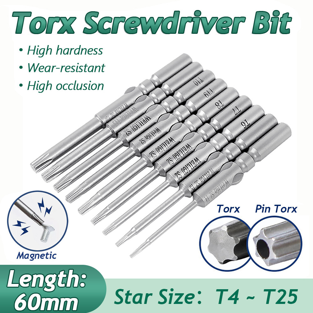 T4-T25 Magnetic Head Torx Screwdriver Bit Set Impact Driver Drill Round Shank