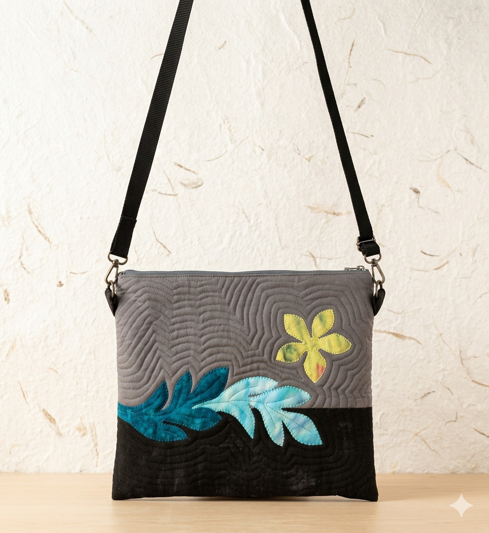 One of a Kind Hawaiian Quilt Bag – Monstera Appliqué, Handmade Quilted Crossbody