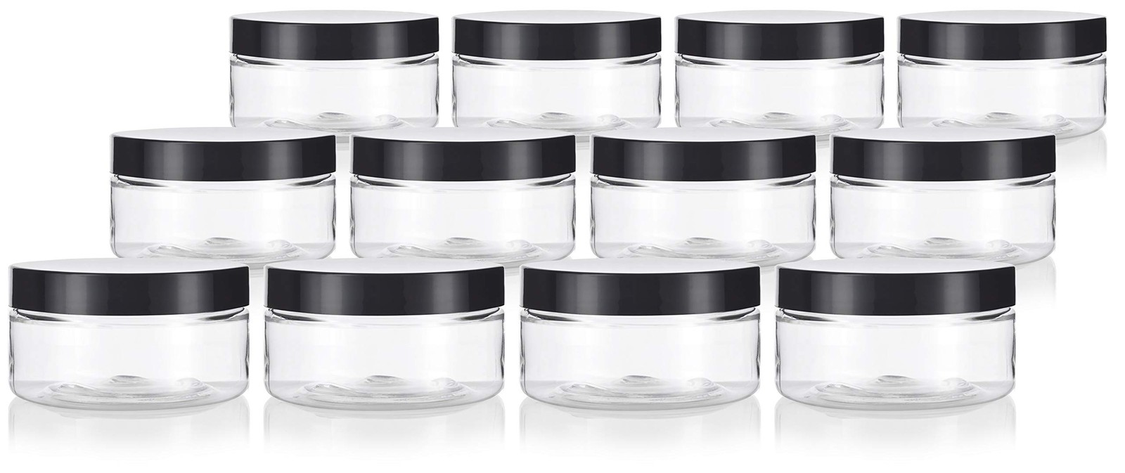 12 PCS 8 oz Clear PET Plastic Low Profile Jars Black Lids Cosmetics Airtight