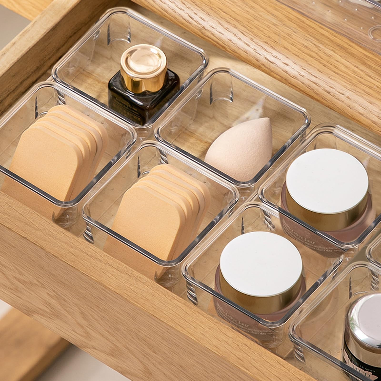 8 PCS Stackable Clear Drawer Organizers 3x3x2 Inch Square Makeup Trays