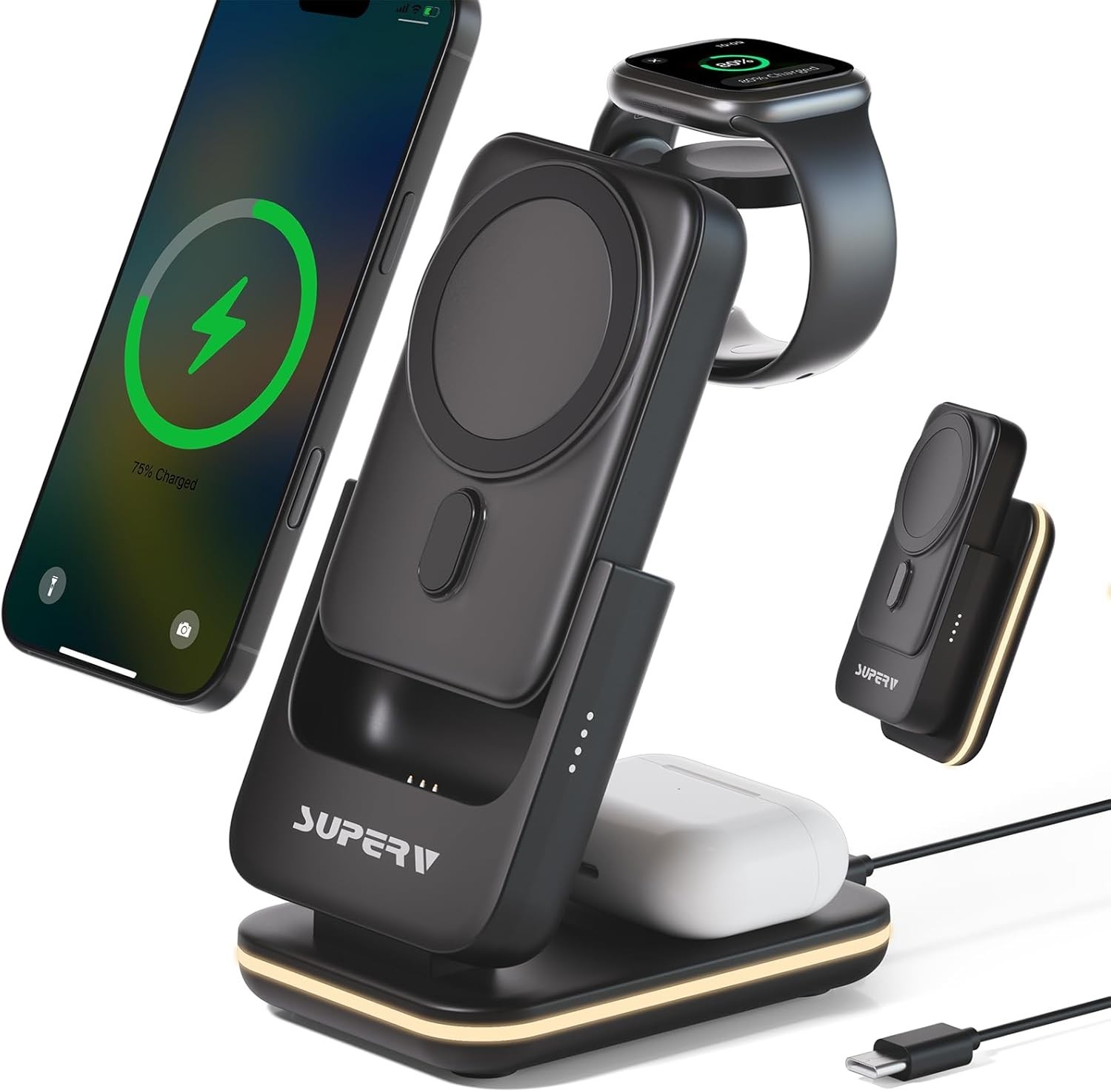 4 in 1 Wireless Charging Station: 5000Mah Removable Power Bank Foldable Charging