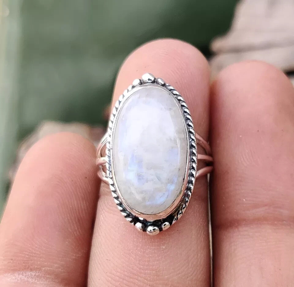 Natural Moonstone Ring Solid 925 Sterling Silver Beautiful Ring All Size MK*