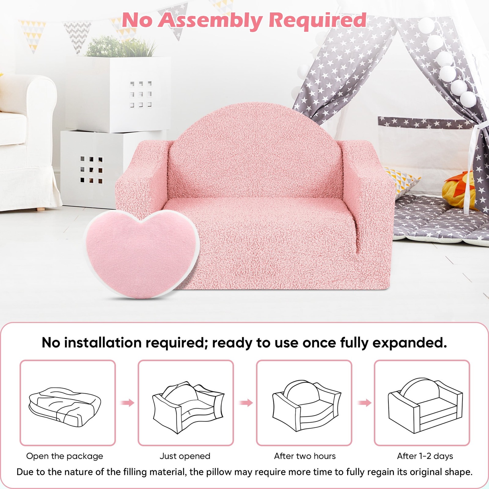 Kids 2-in-1 Toddler Couch Fold-Out Soft Convertible Chair Pink for Boys & Girls