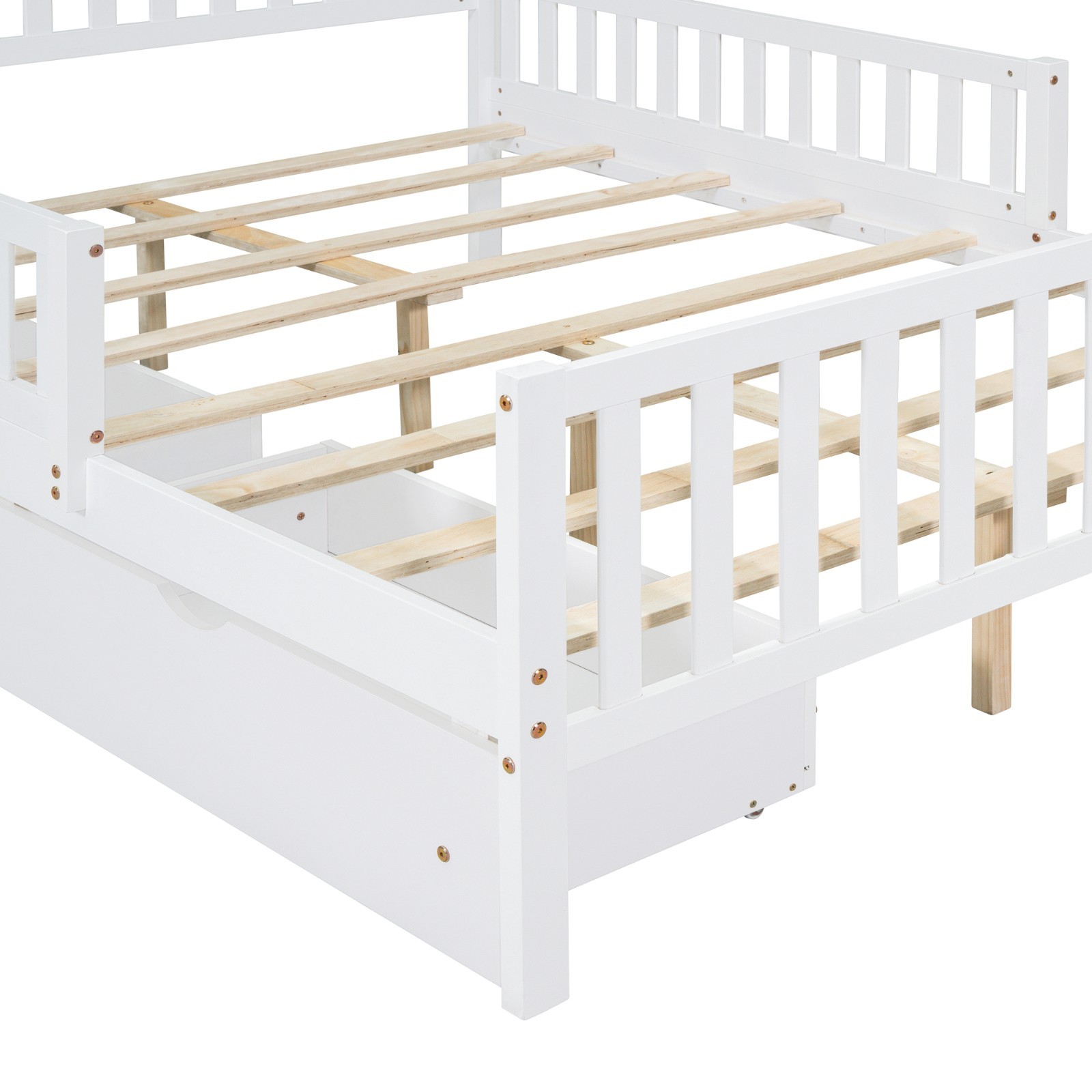 Full Size Wood Platform Bed (Dual-Side Guardrails, 2 Storage Drawers)