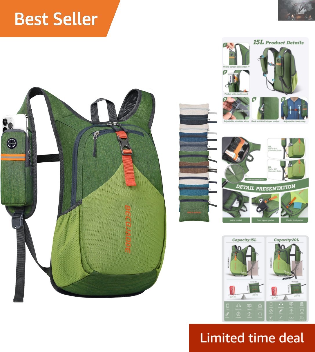 15L Ultralight Hiking Backpack for Men & Women - Packable Daypack in Olive Green