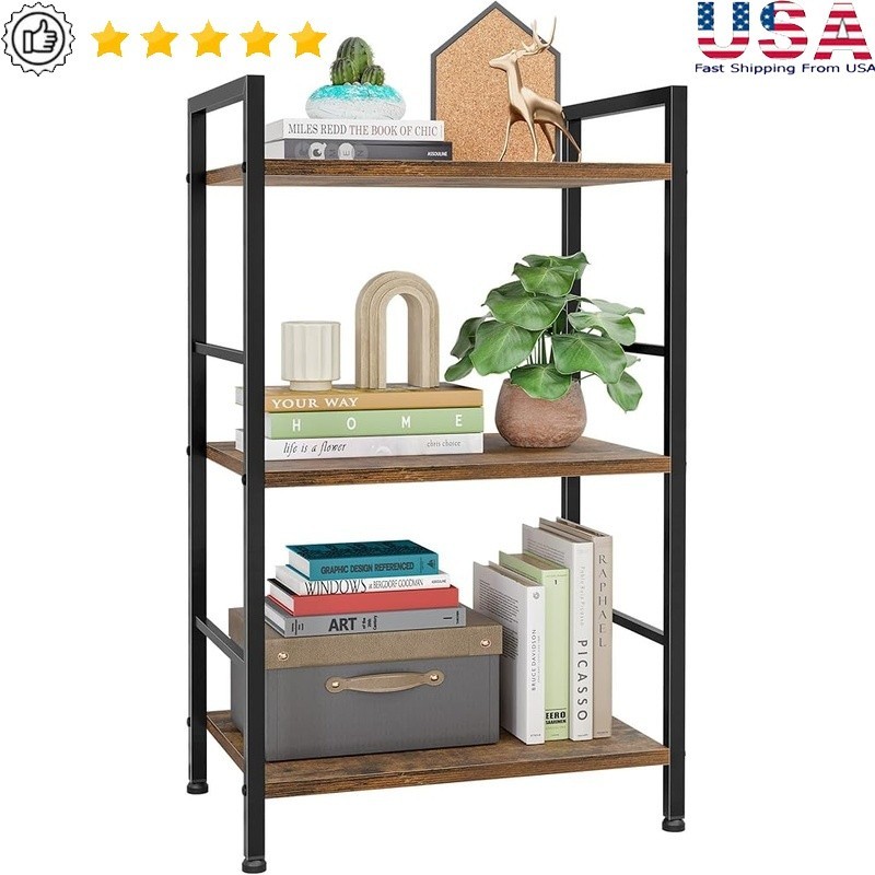 Compact Wood Metal Bookshelf 3 Tier Storage Organizer Small Space Furniture New