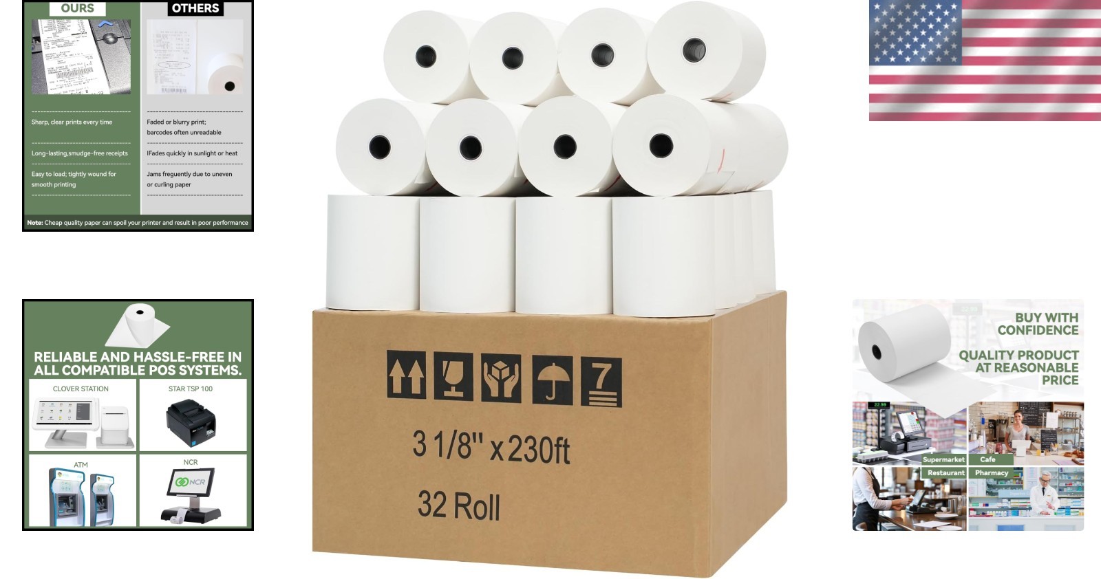 Smooth Finish Thermal Receipt Paper 3 1/8" x 230' - 32 Rolls for Easy Reload