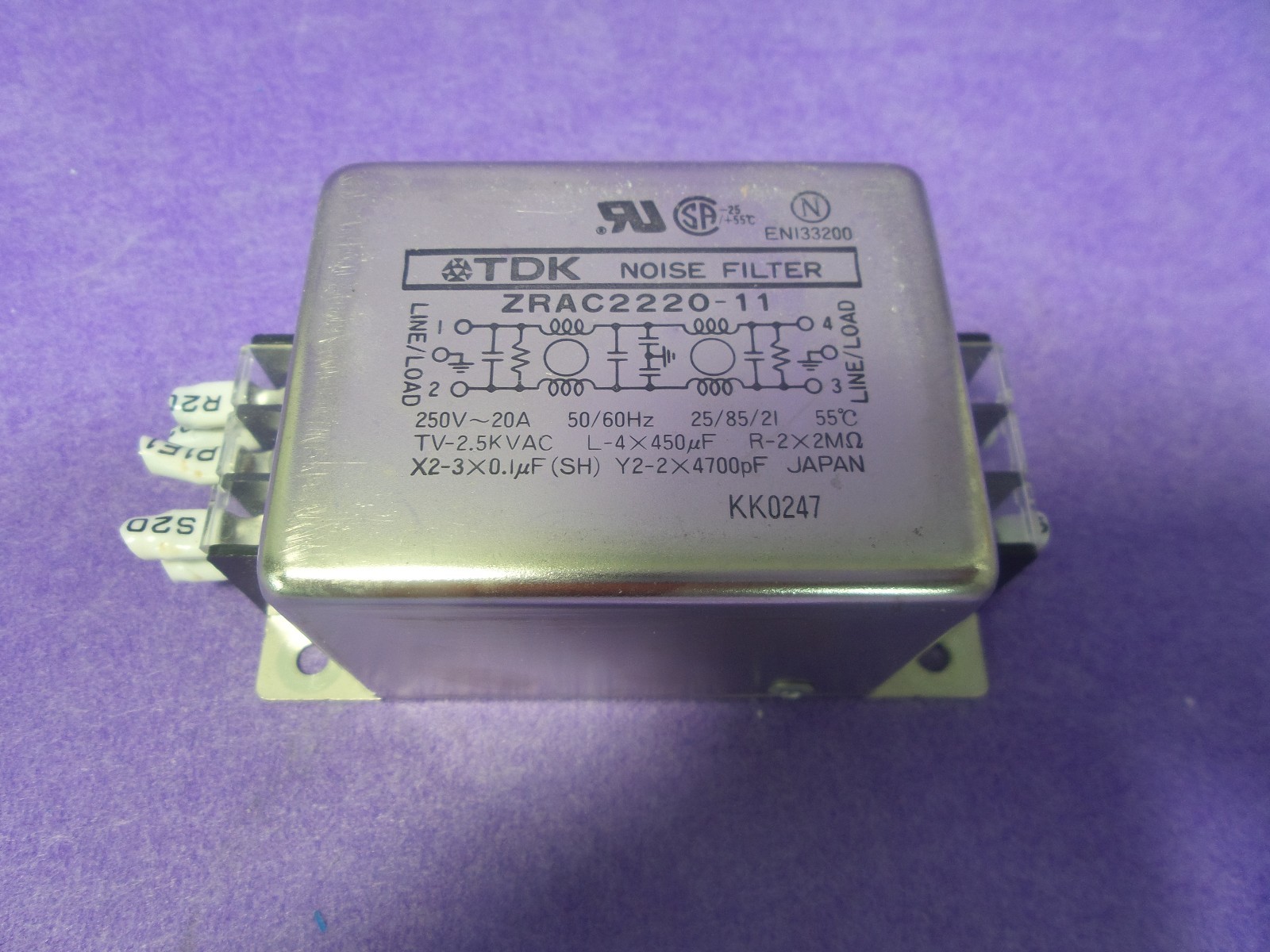 TDK ZRAC2220-11 NOISE FILTER, 250V~20A, 50/60Hz, USED