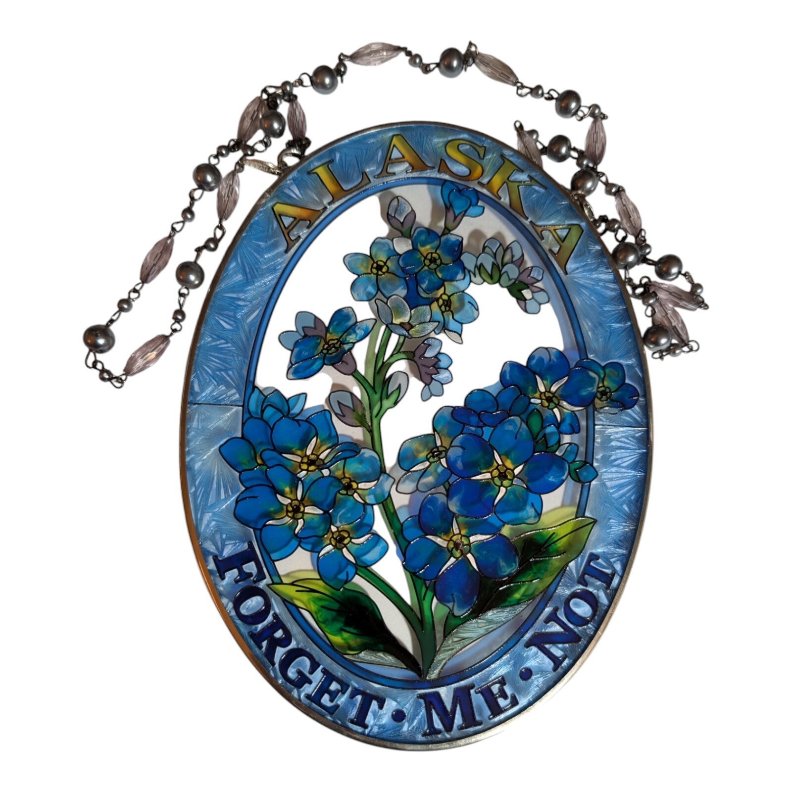 Amia Alaska Forget Me Not Med Oval Suncatcher  hand painted Beaded decor