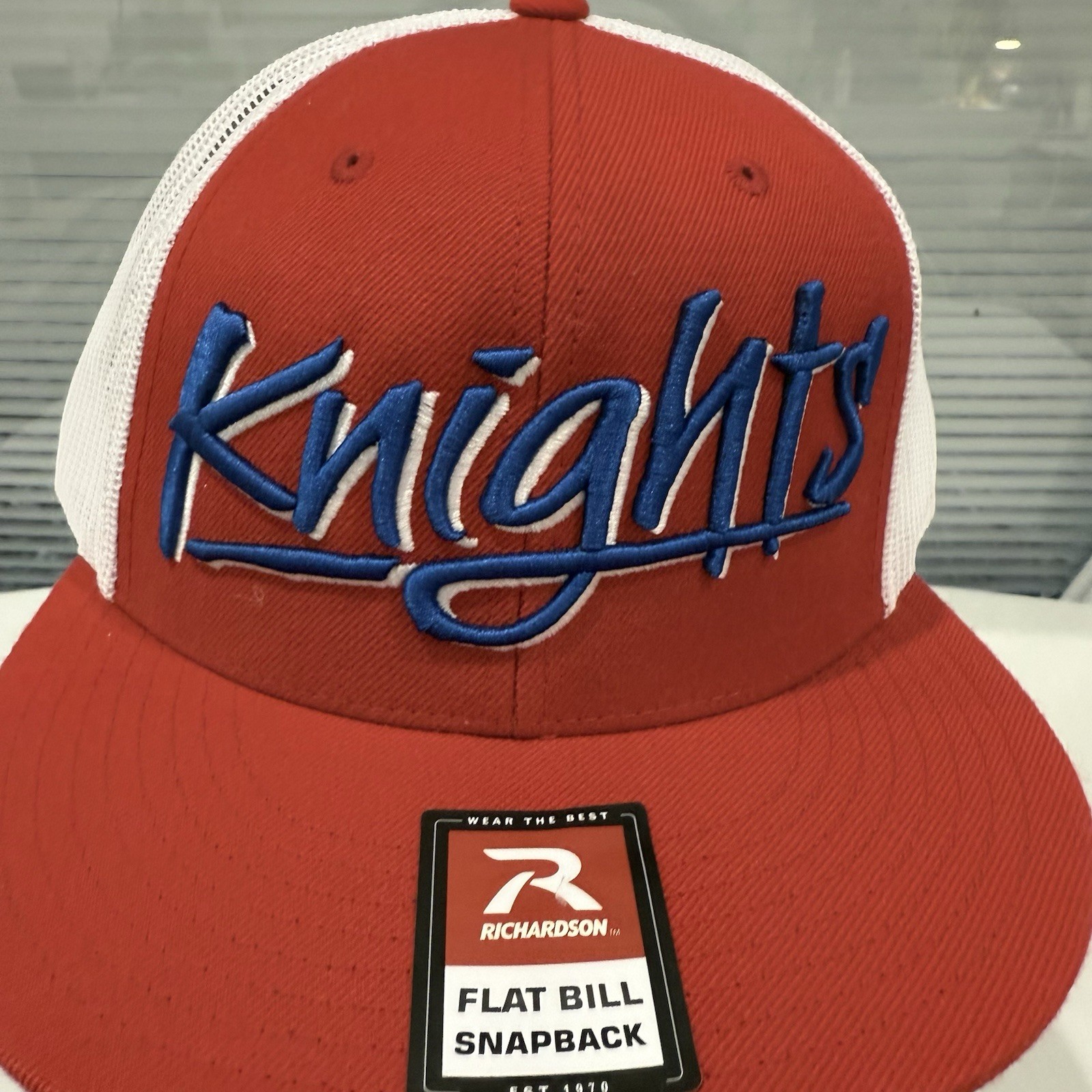 Knights Royal Blue White Script on Red Hat Cap White Mesh Snapback Russell EUC