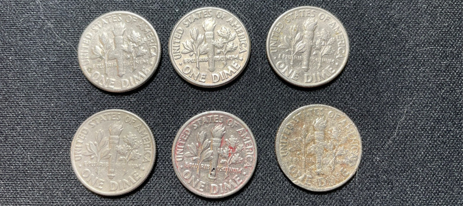 6X Roosevelt Dimes with various broadstrike, off-center, collar errors