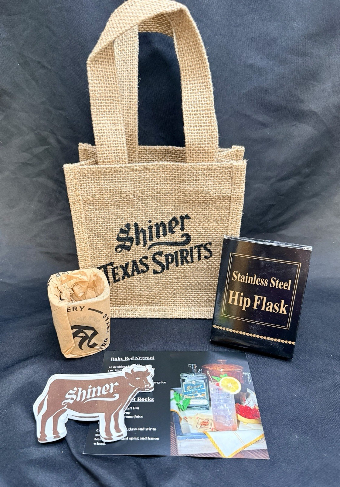 Shiner Distillery Launch Shot Glass Flask Magnet Recipe Card Gift Set Texas Gin